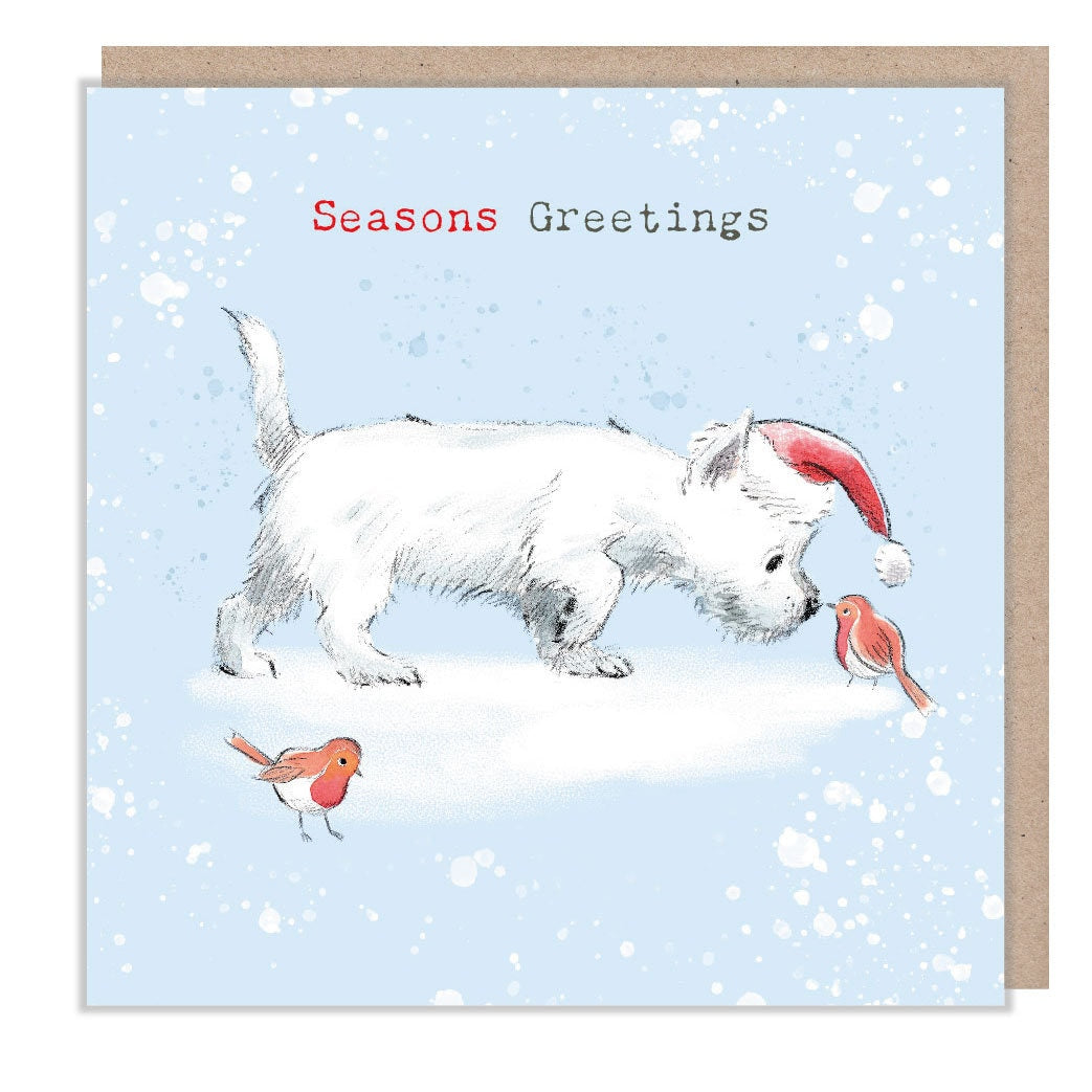 Christmas Card - White Westie Dog, Wearing Hat, 2 Robins. Season's Greetings