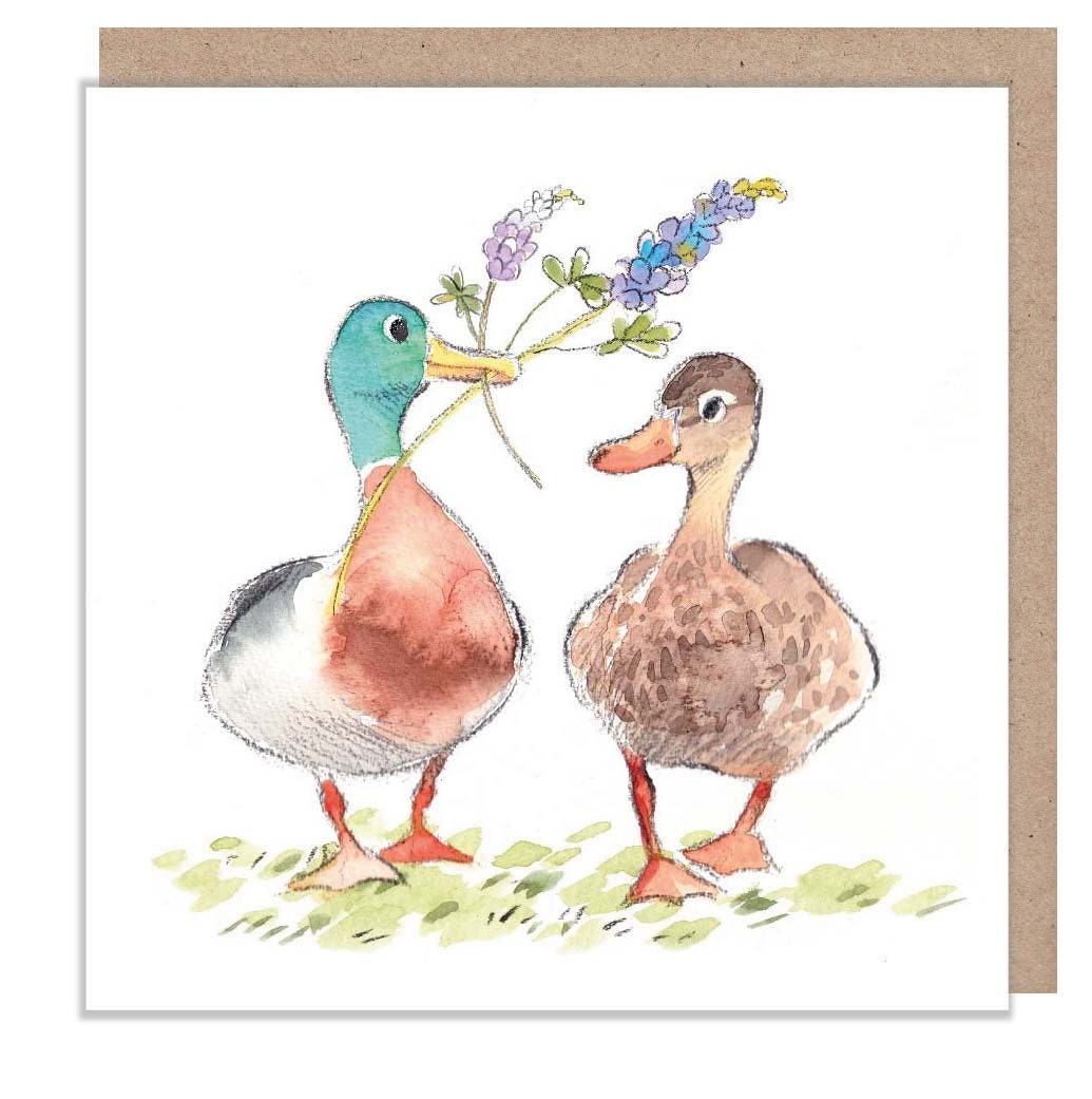 Greeting Card - Blank - 2 Ducks with Flowers