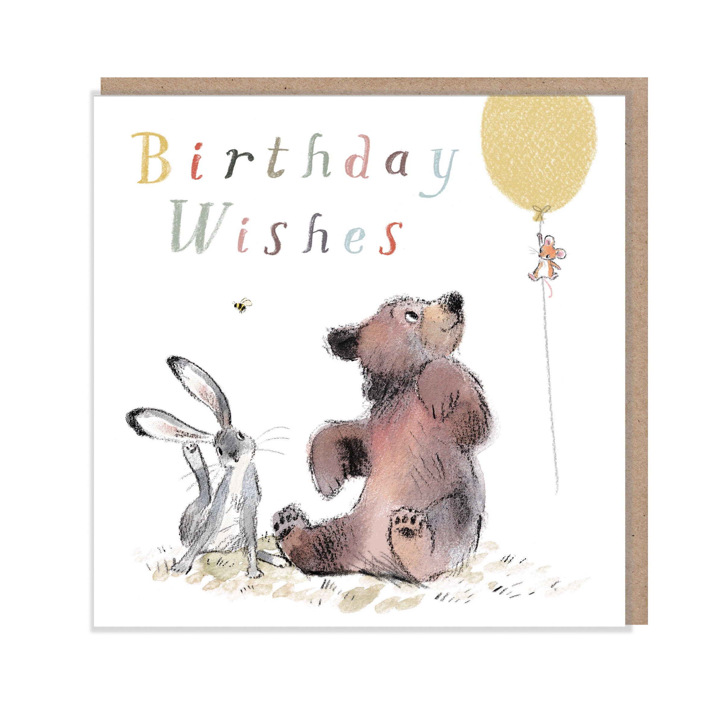 Cute Birthday Card - Birthday Wishes - Bear and Hare Watch Floating Mouse with Balloon.
