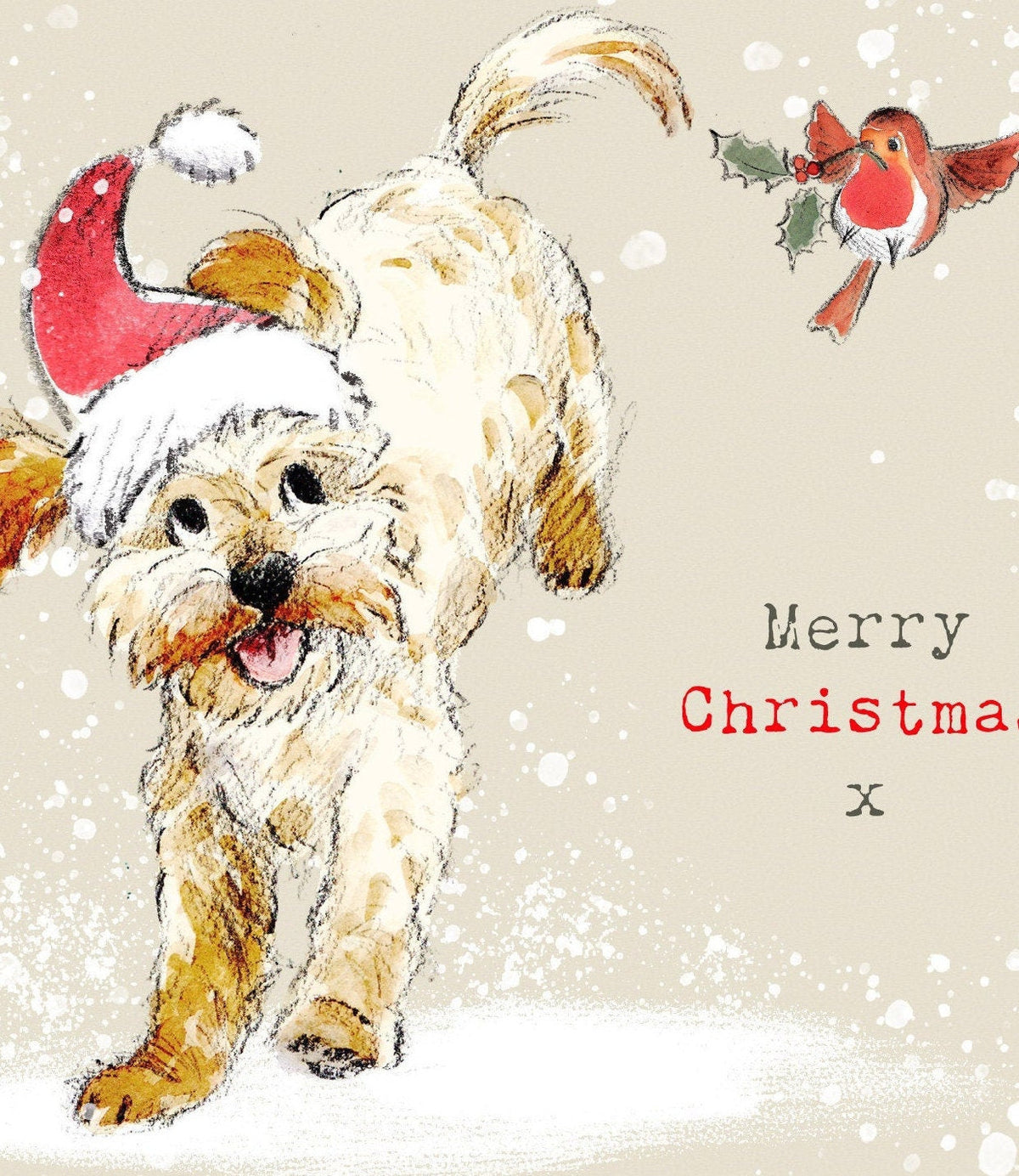 Christmas Card - Merry Christmas - Labradoodle/Cockapoo Running with Robin