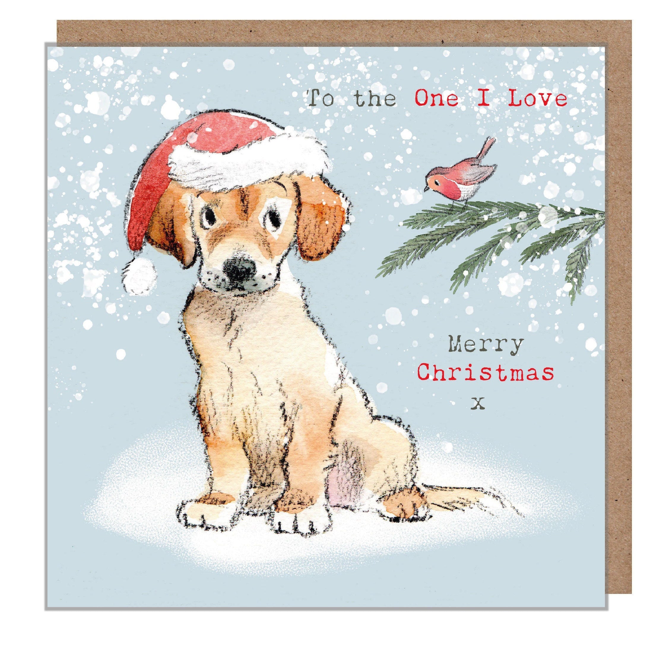 Christmas Card - to the One I Love - Golden Labrador/Retriever Looking at Robin.