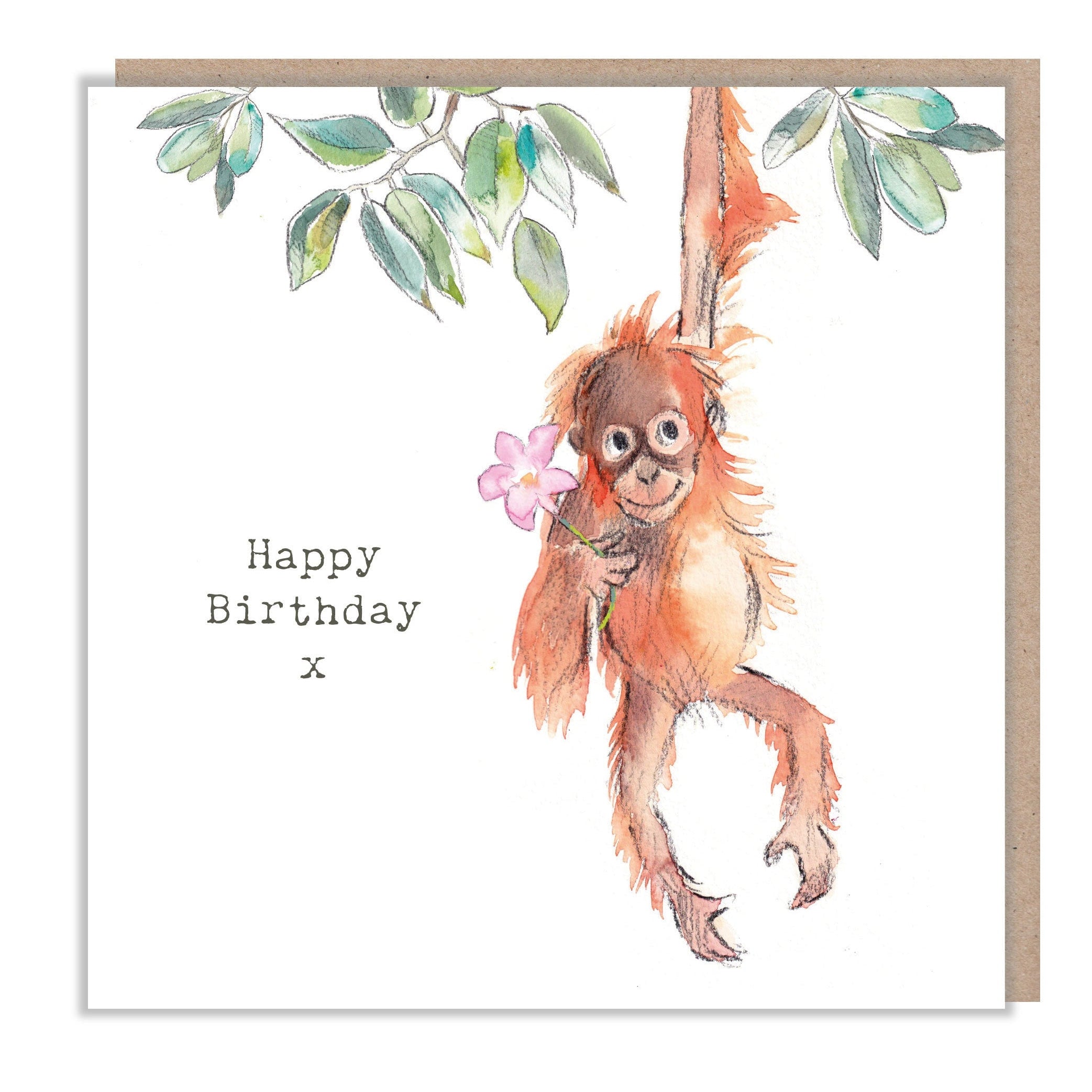 Happy Birthday Card - Cute Orangutan in Tree Holding Flower