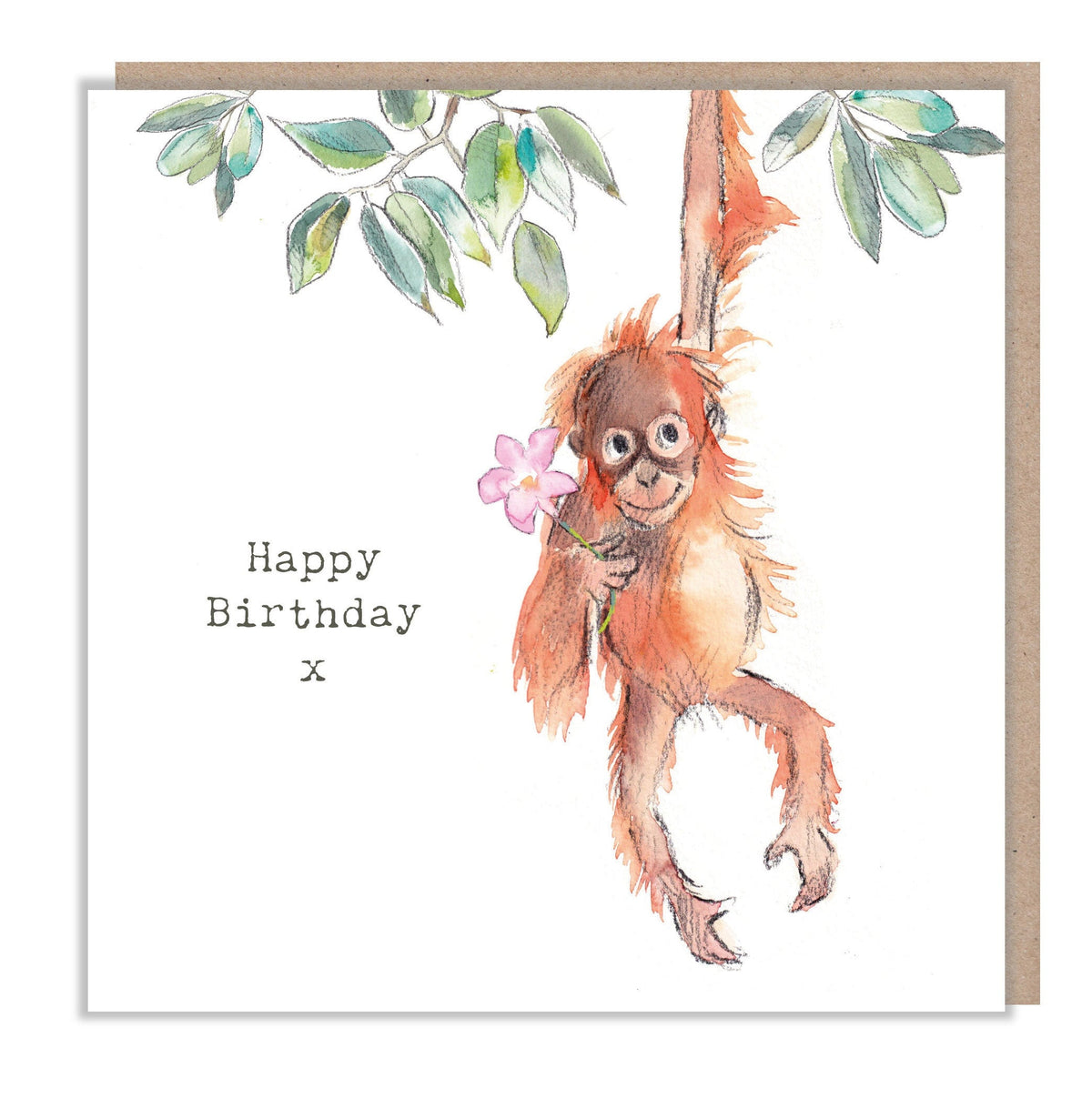 Happy Birthday Card - Cute Orangutan in Tree Holding Flower