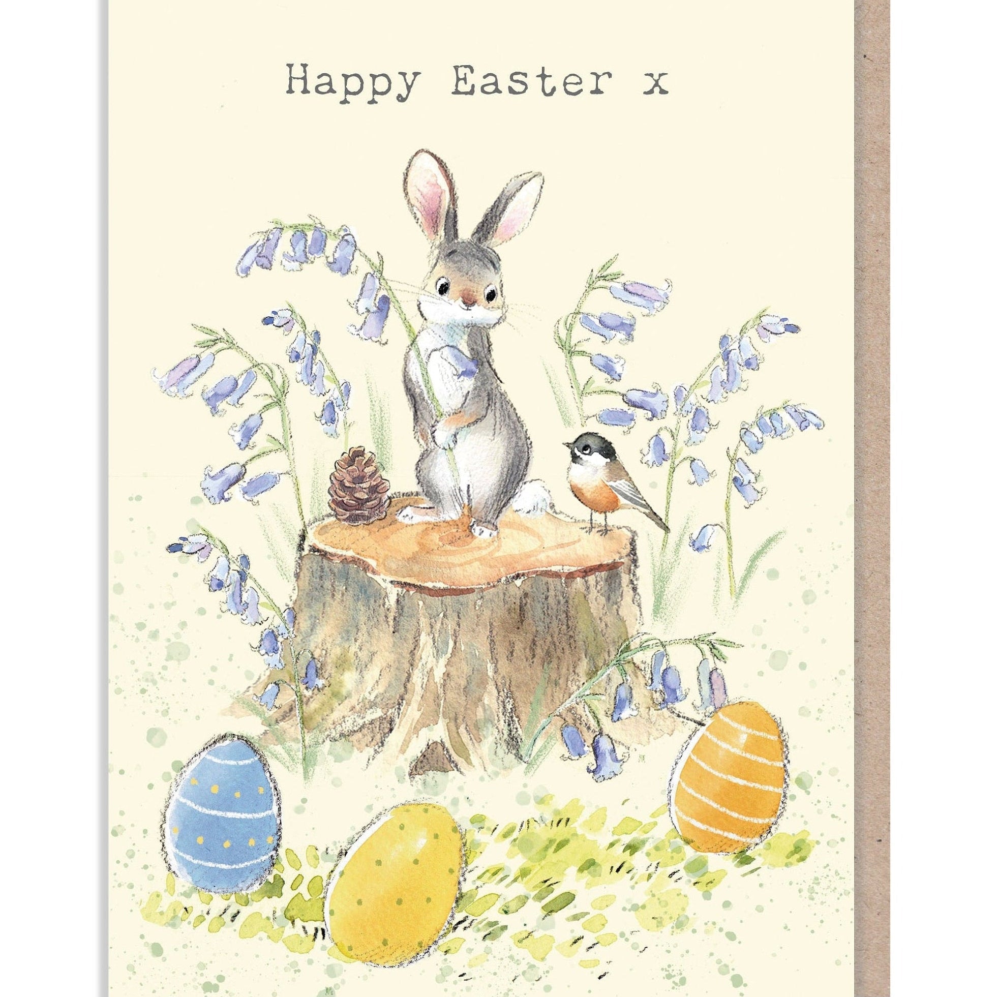 Happy Easter Card - Rabbit with Bird and Bluebells