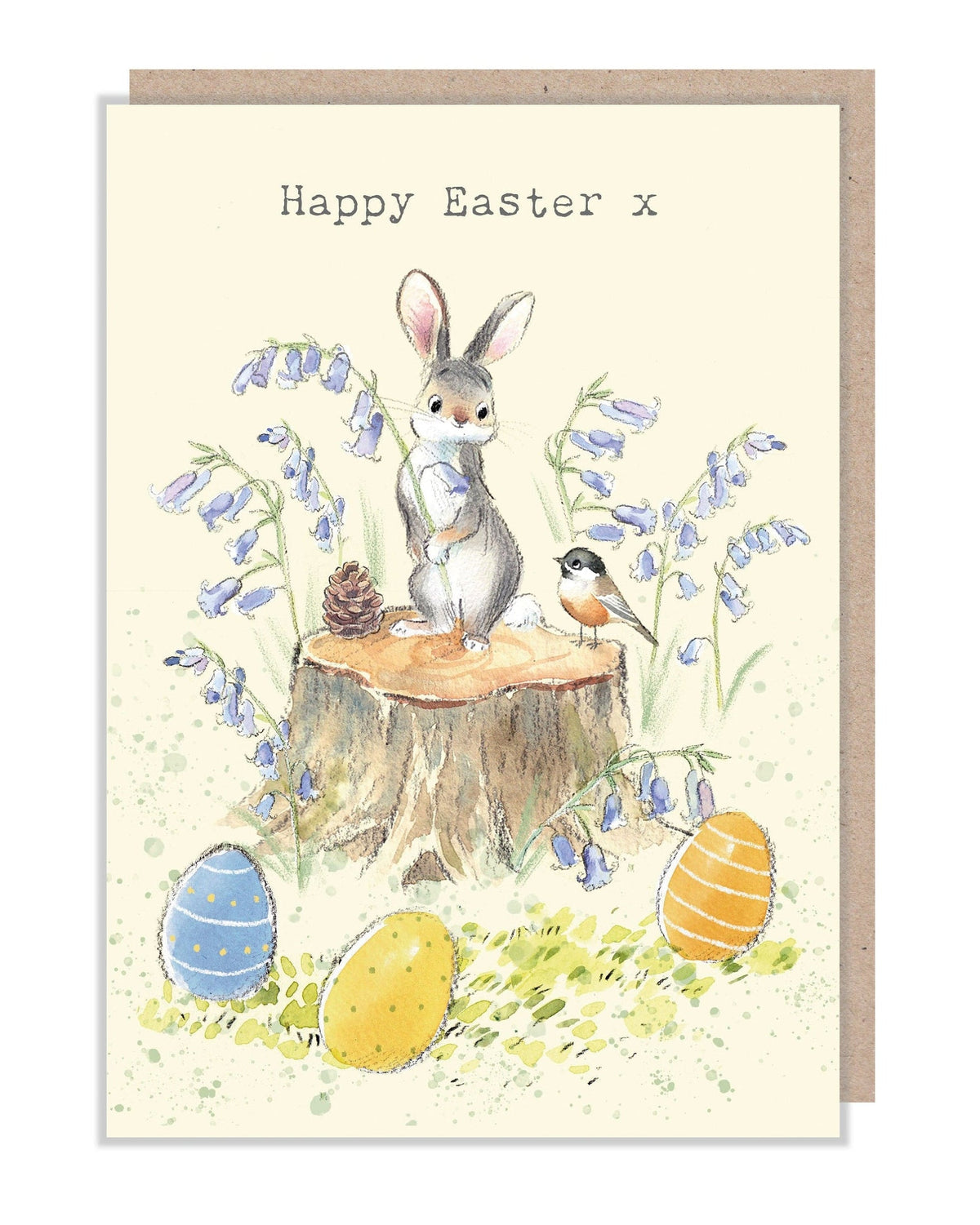 Happy Easter Card - Rabbit with Bird and Bluebells