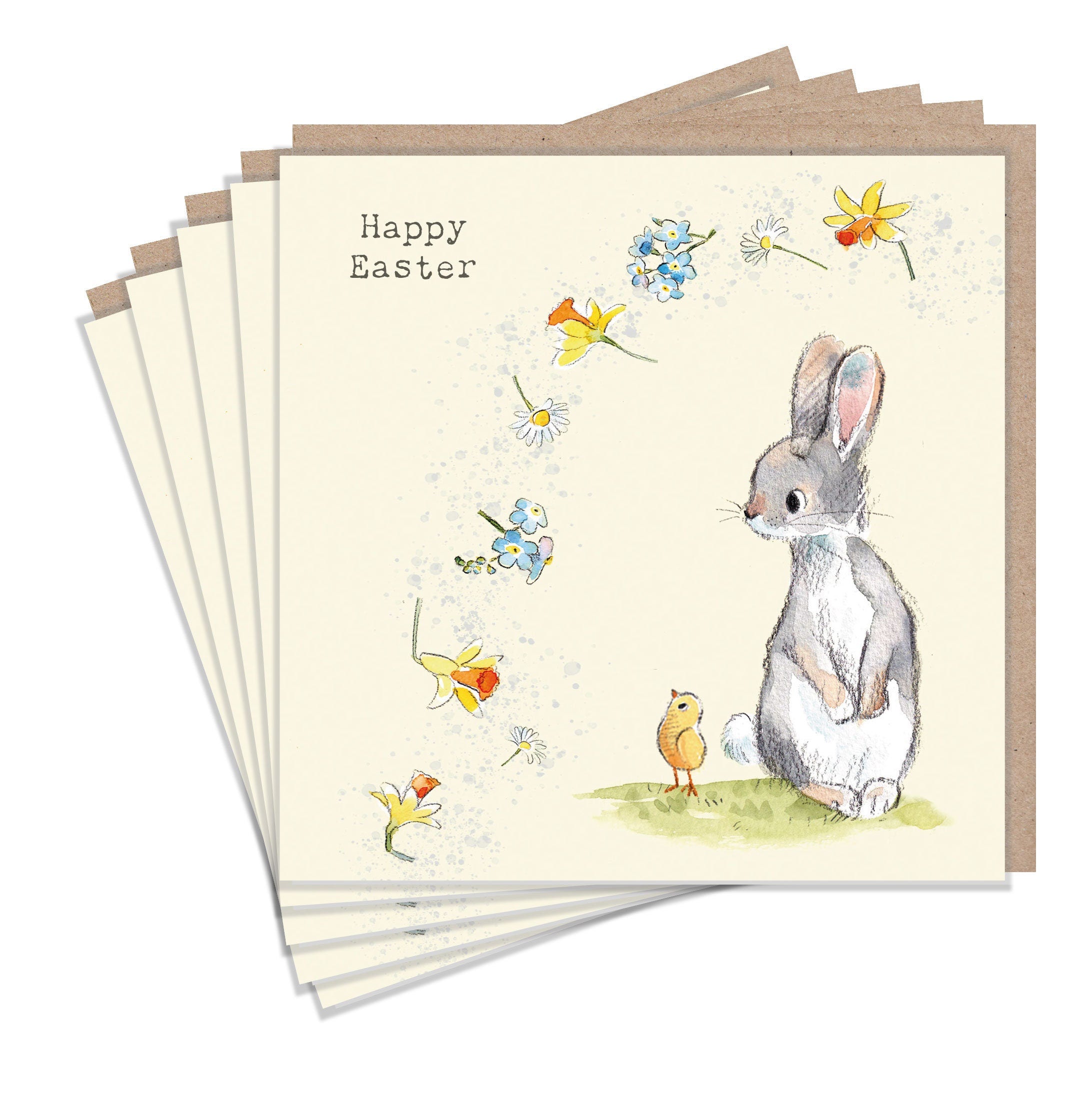 Notelet Pack - Happy Easter - Rabbit and Chick with Flowers - 125 x 125mm