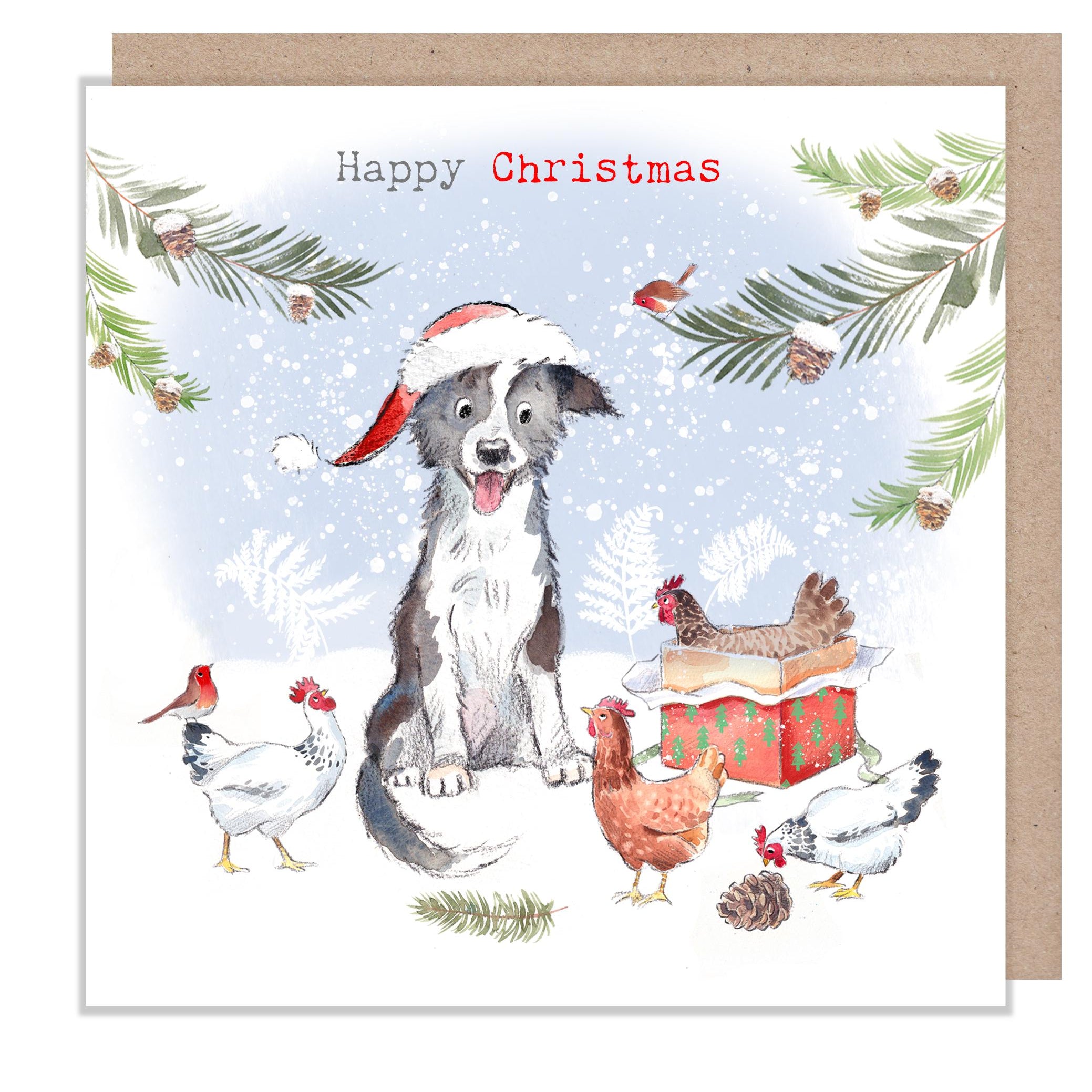 Merry Christmas Card - Collie with Hens