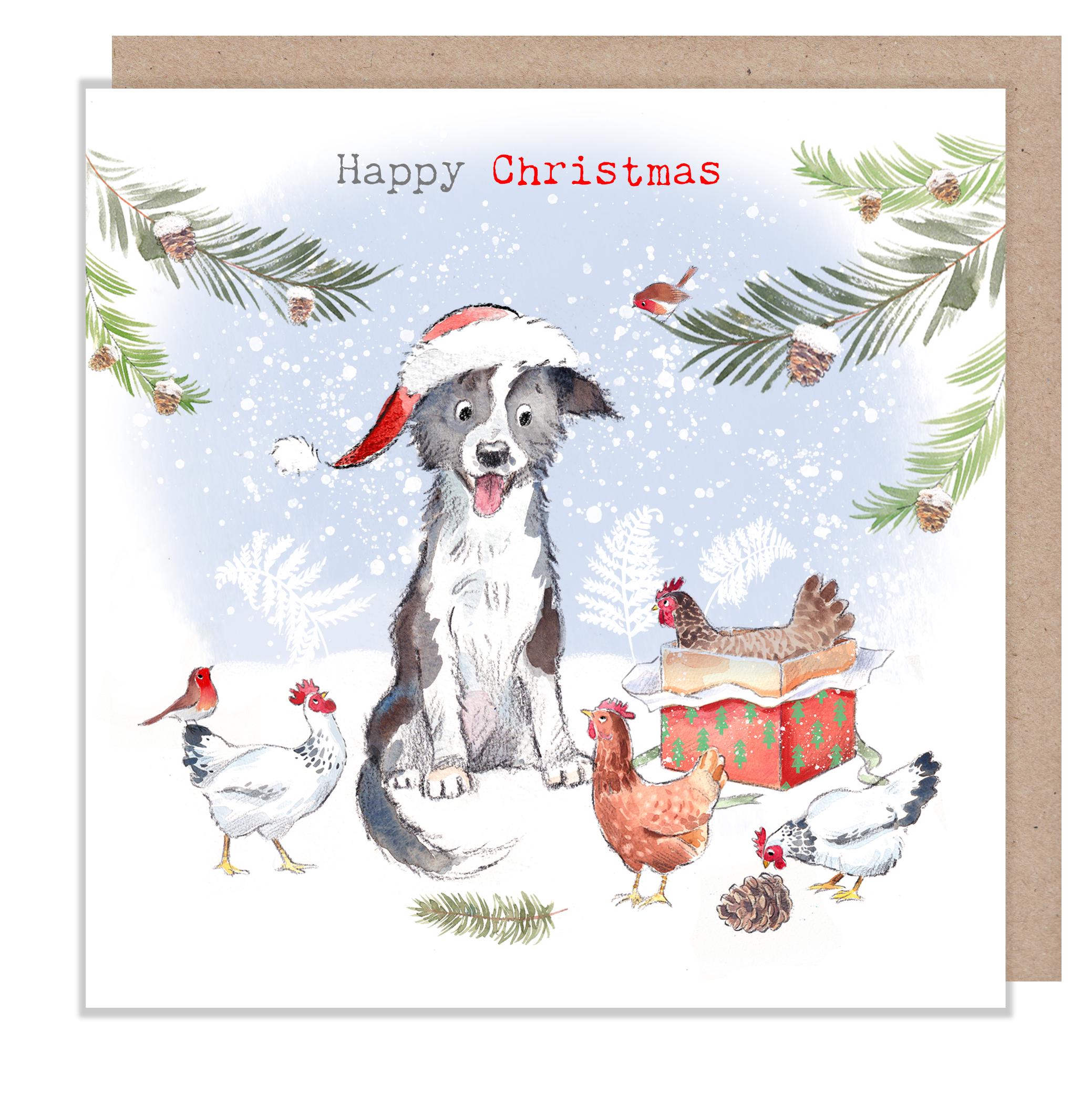 Merry Christmas Card - Collie with Hens