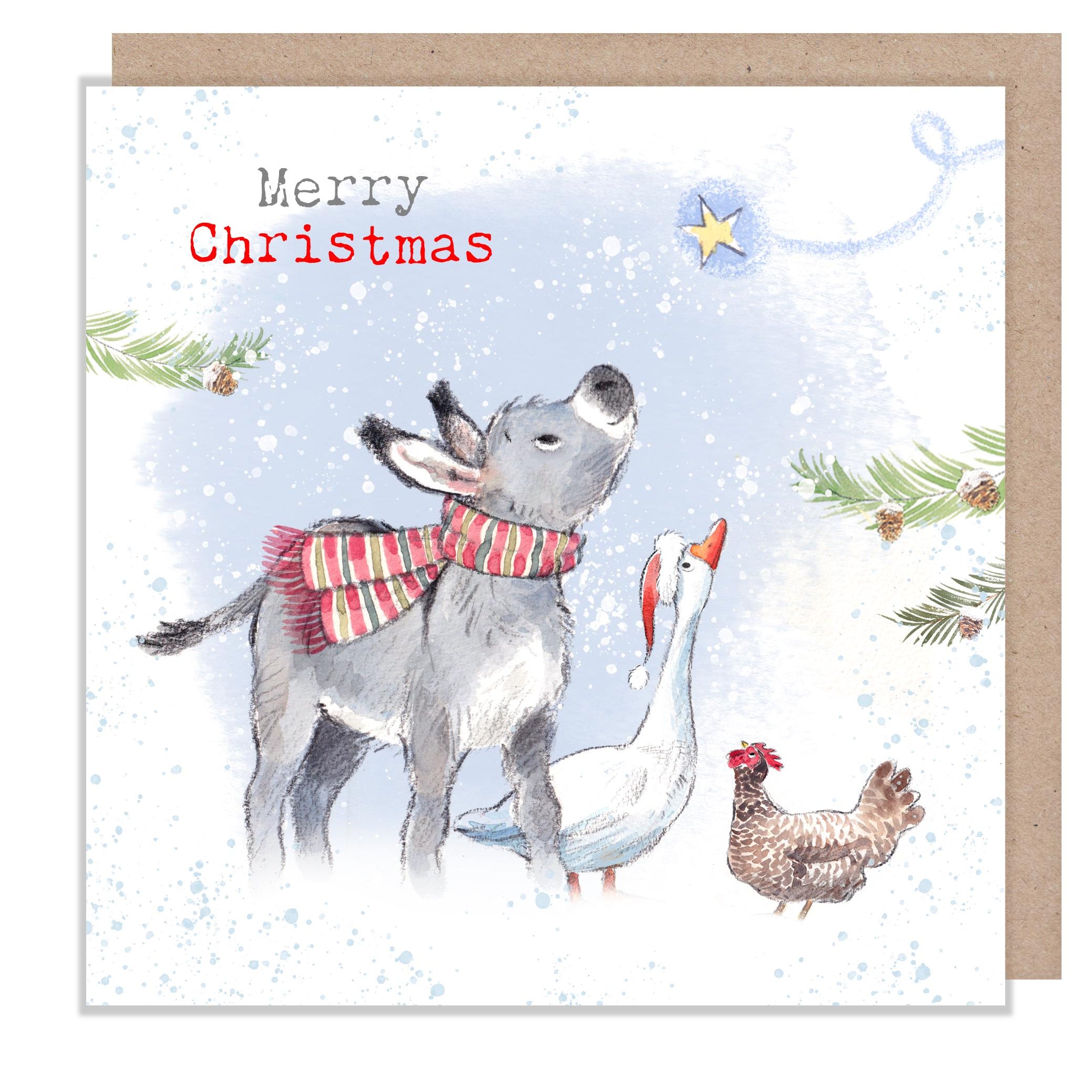 Merry Christmas Card - Donkey, Goose and Hen