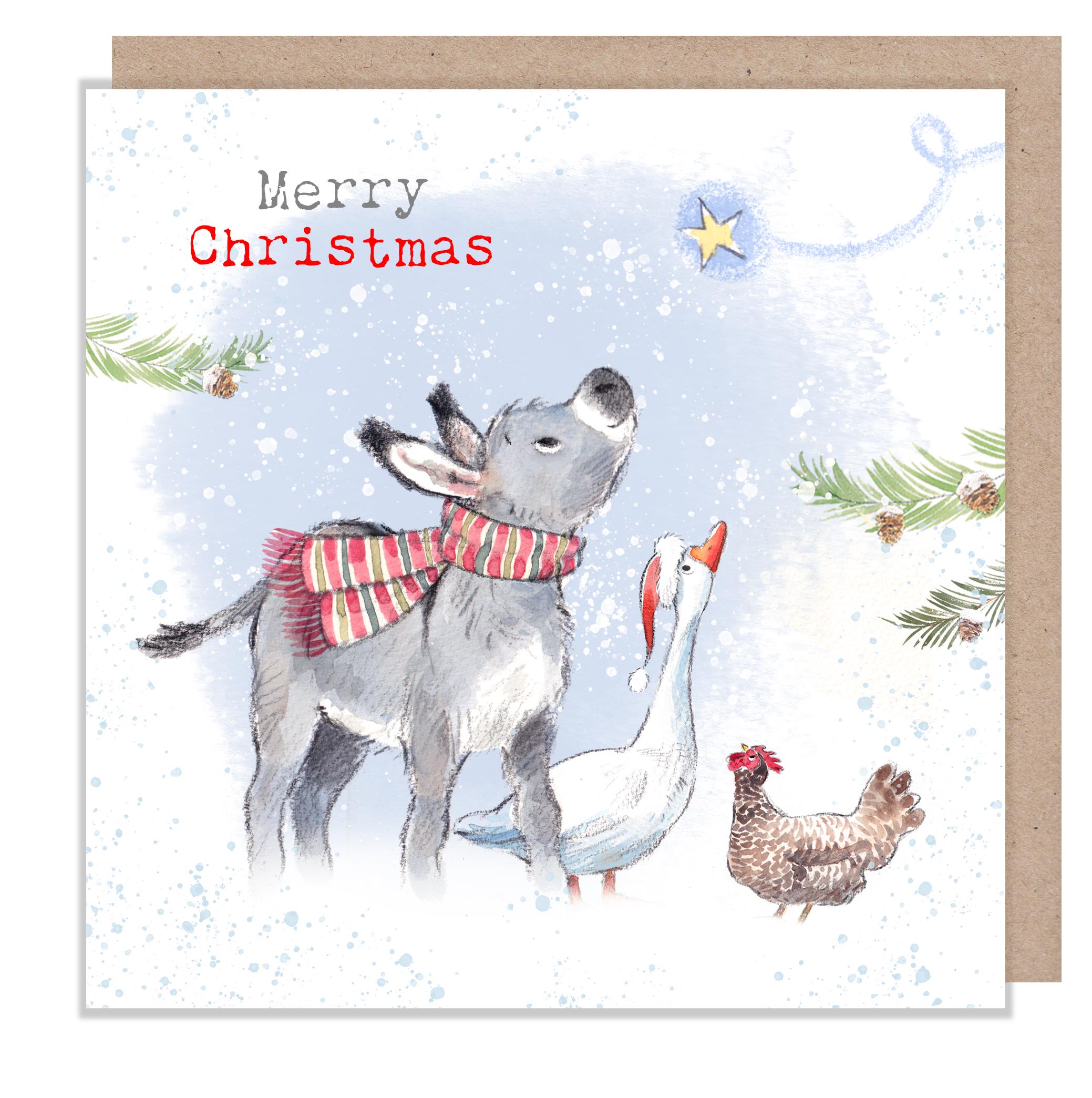 Merry Christmas Card - Donkey, Goose and Hen