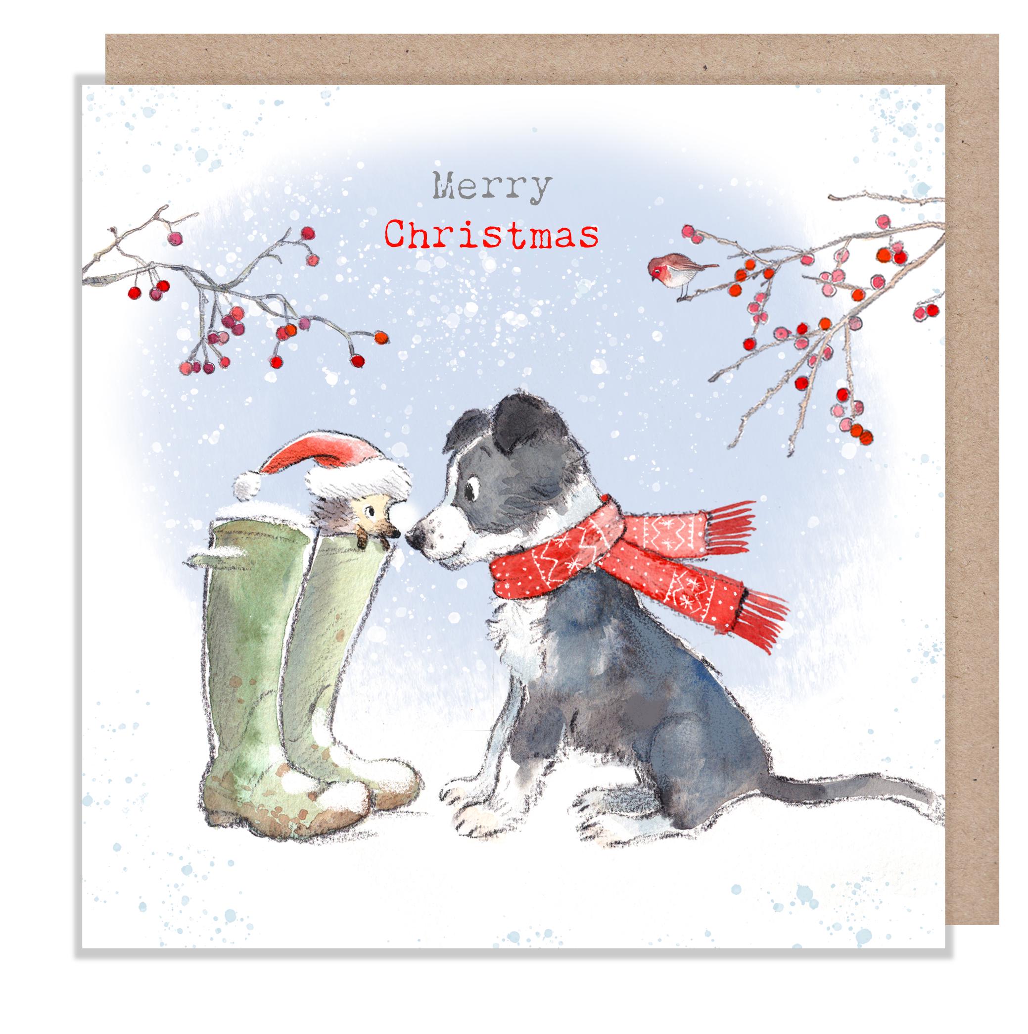 Merry Christmas Card - Collie and Hedgehog in Wellie Boots