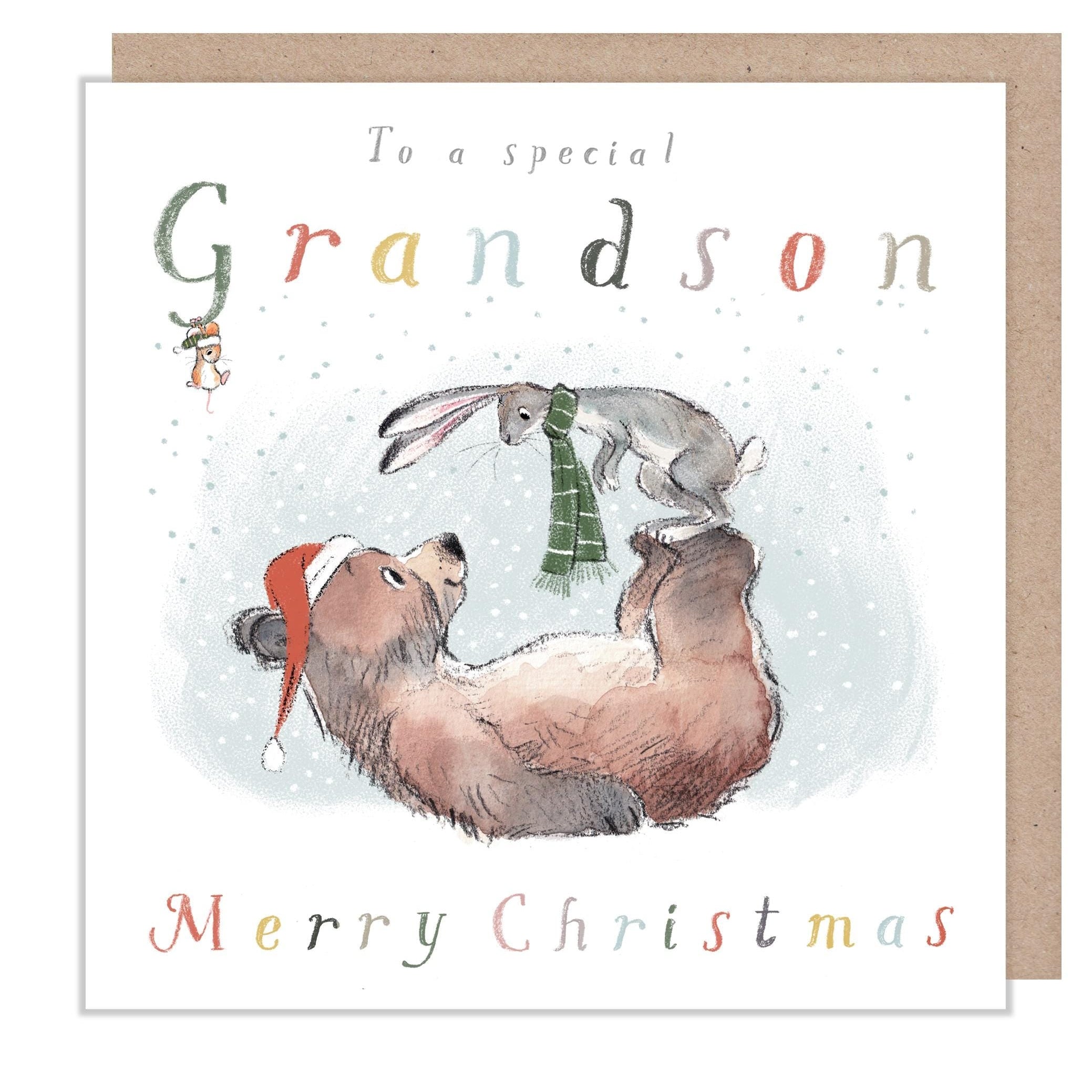 Grandson Christmas Card - Hare on Bear's Feet