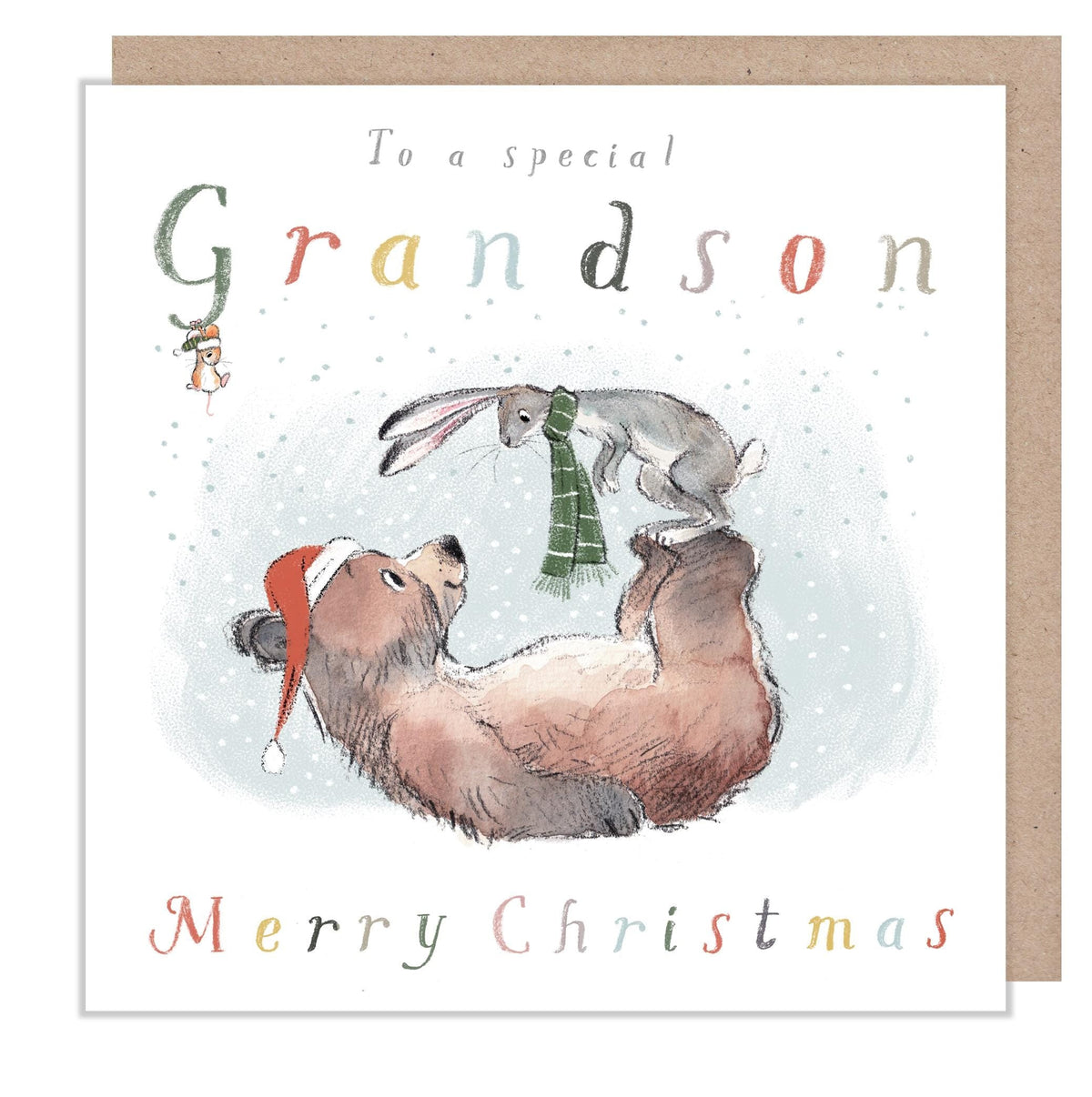 Grandson Christmas Card - Hare on Bear's Feet
