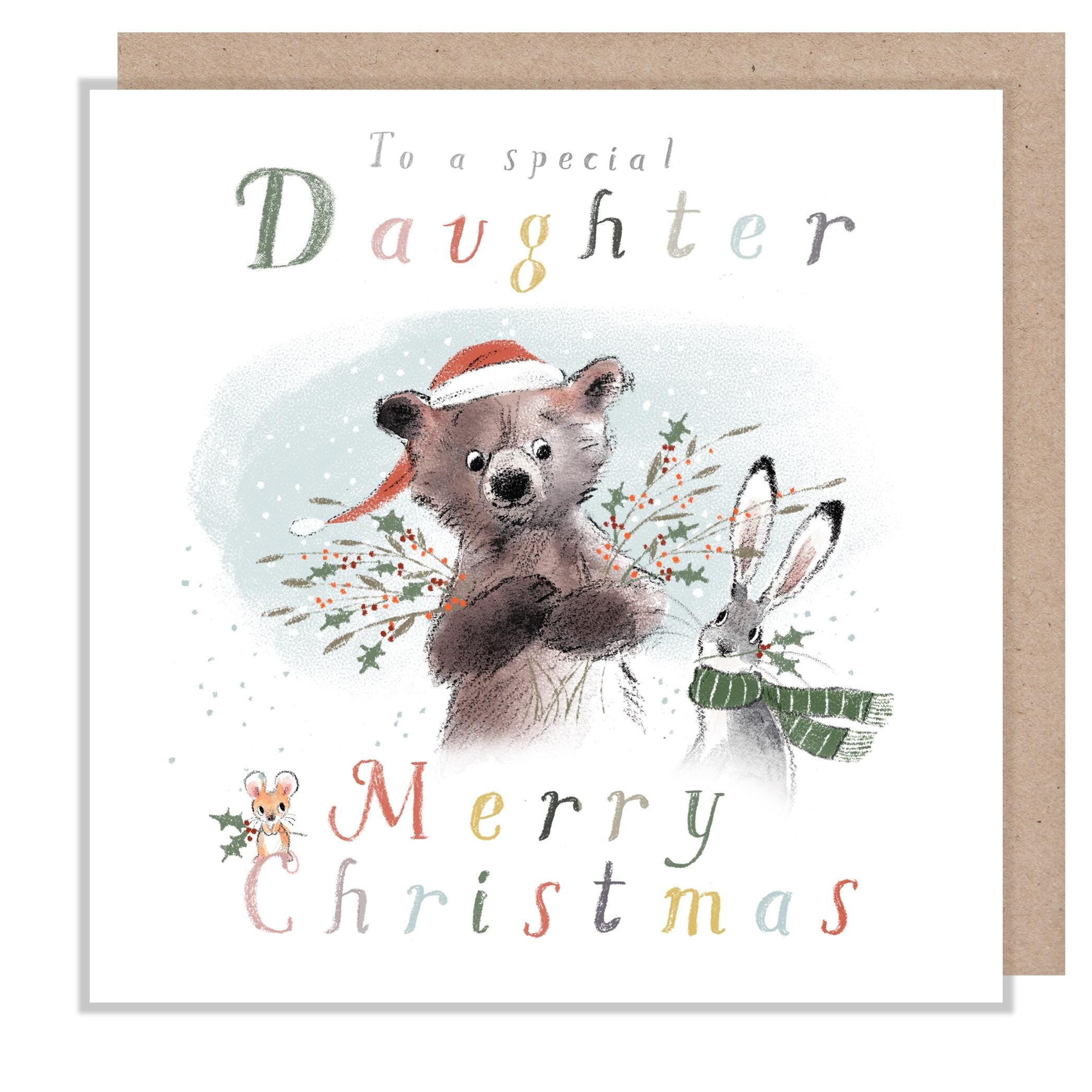 Daughter Christmas Card - Bear and Hare Holding Foliage