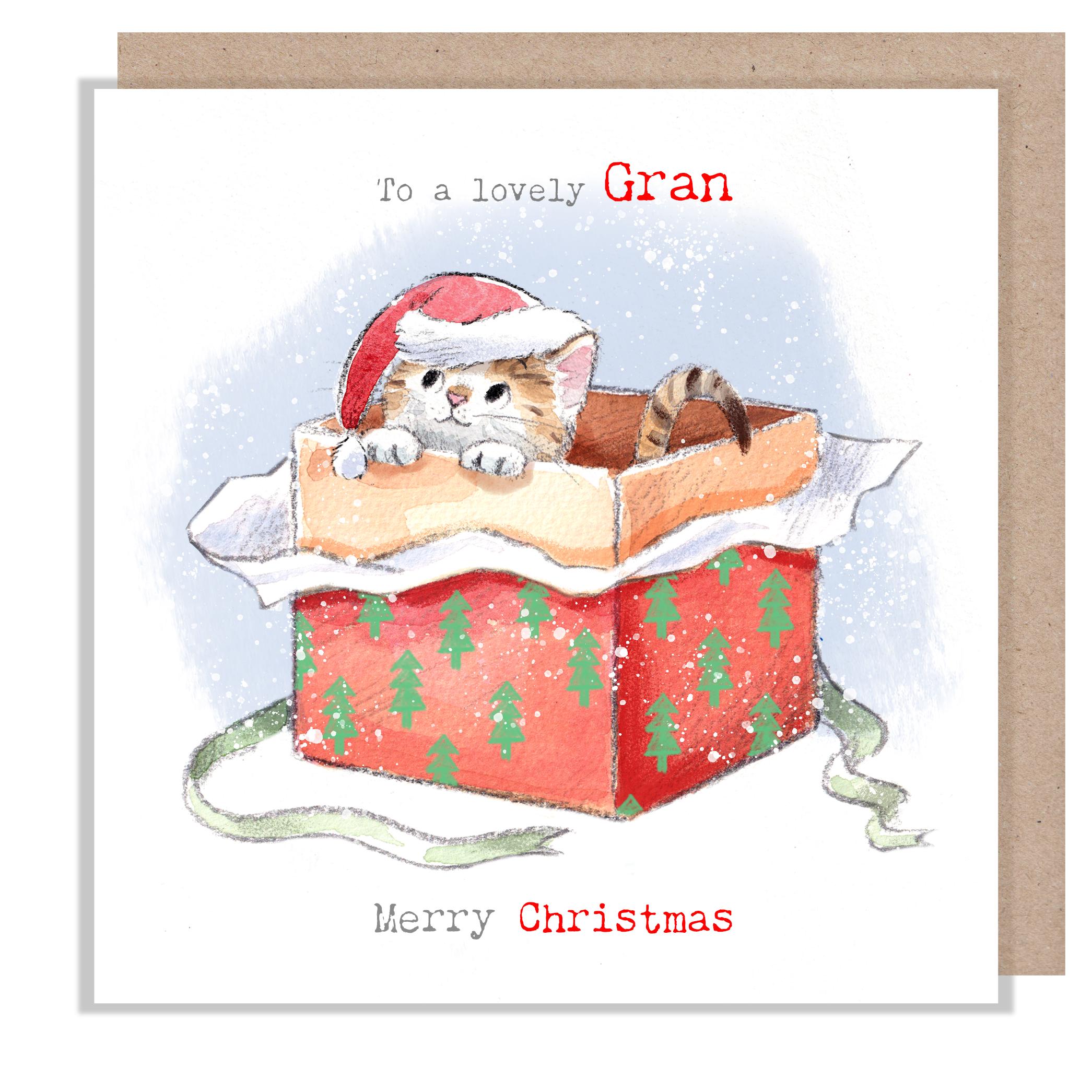 Gran Christmas Card - Kitten in Christmas Present