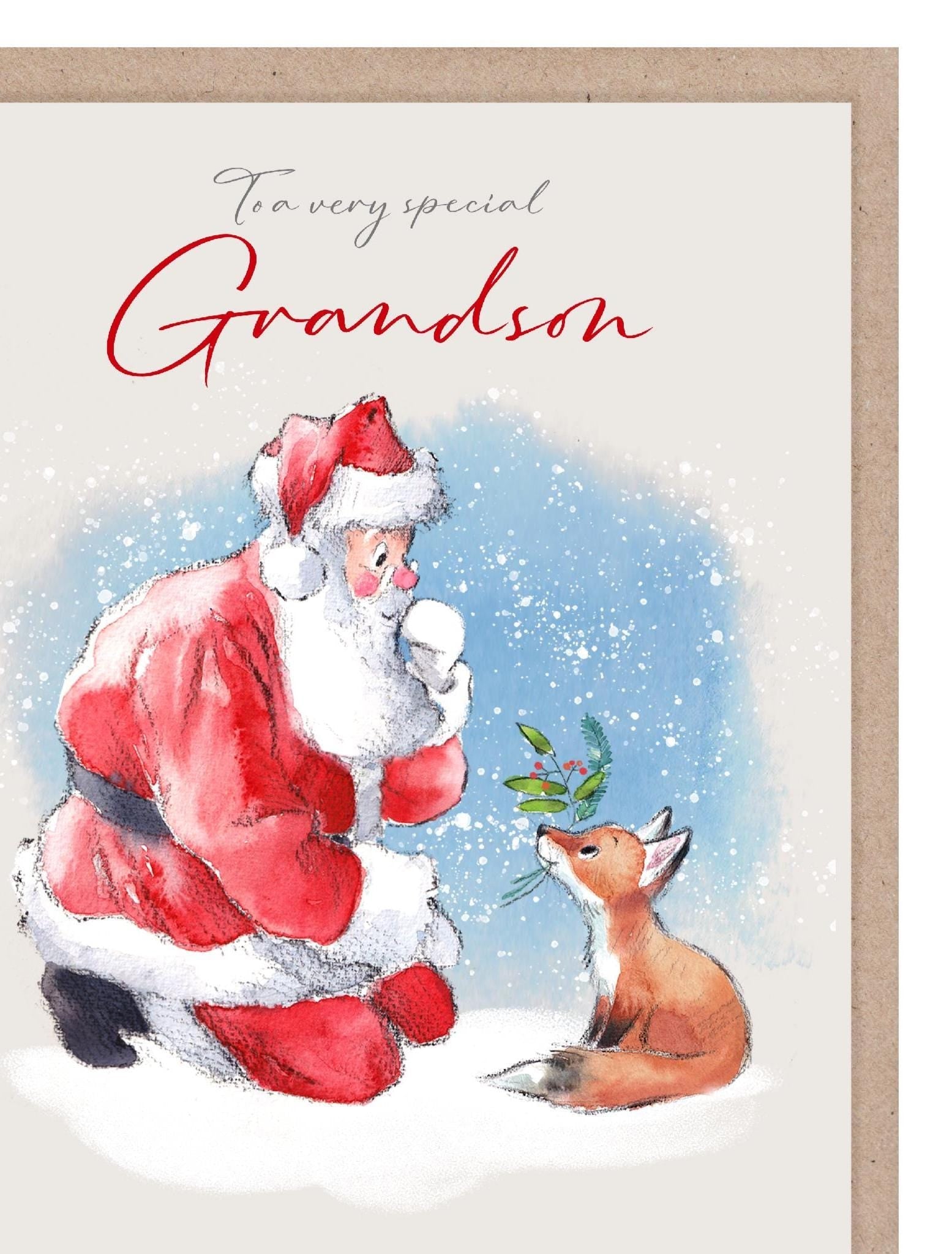Grandson Christmas Card - Jumbo Size - Santa and Fox Cub