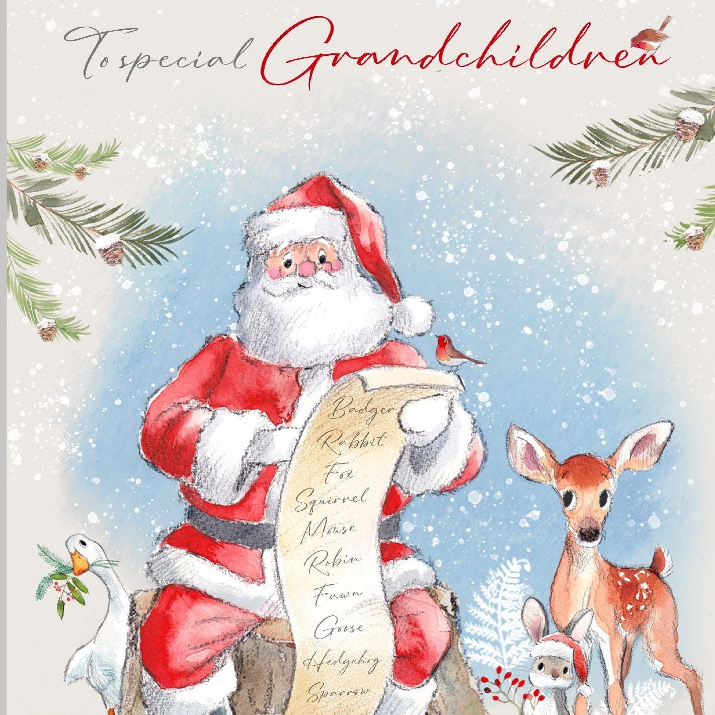 Grandchildren Christmas Card - Santa with Animals and List