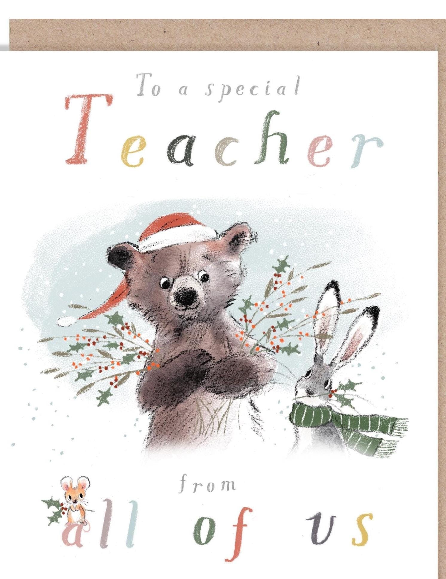 Special Teacher Christmas Card - Jumbo Size - Bear, Hare and Mouse Holding Foliage