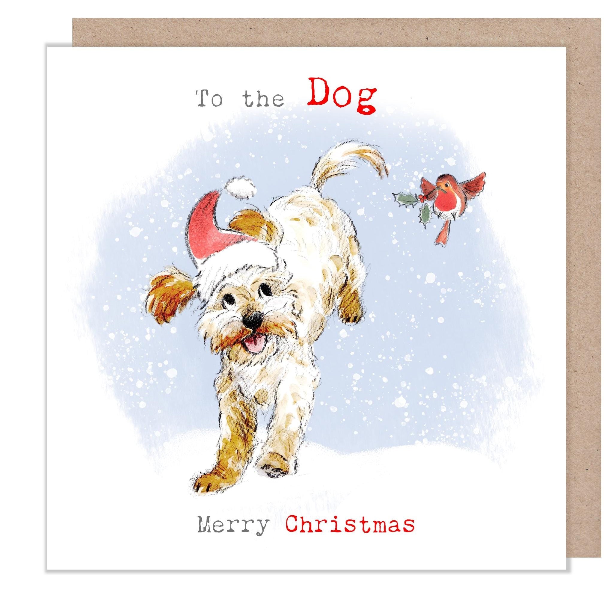 To the Dog Christmas Card - Cockapoo Running with Robin