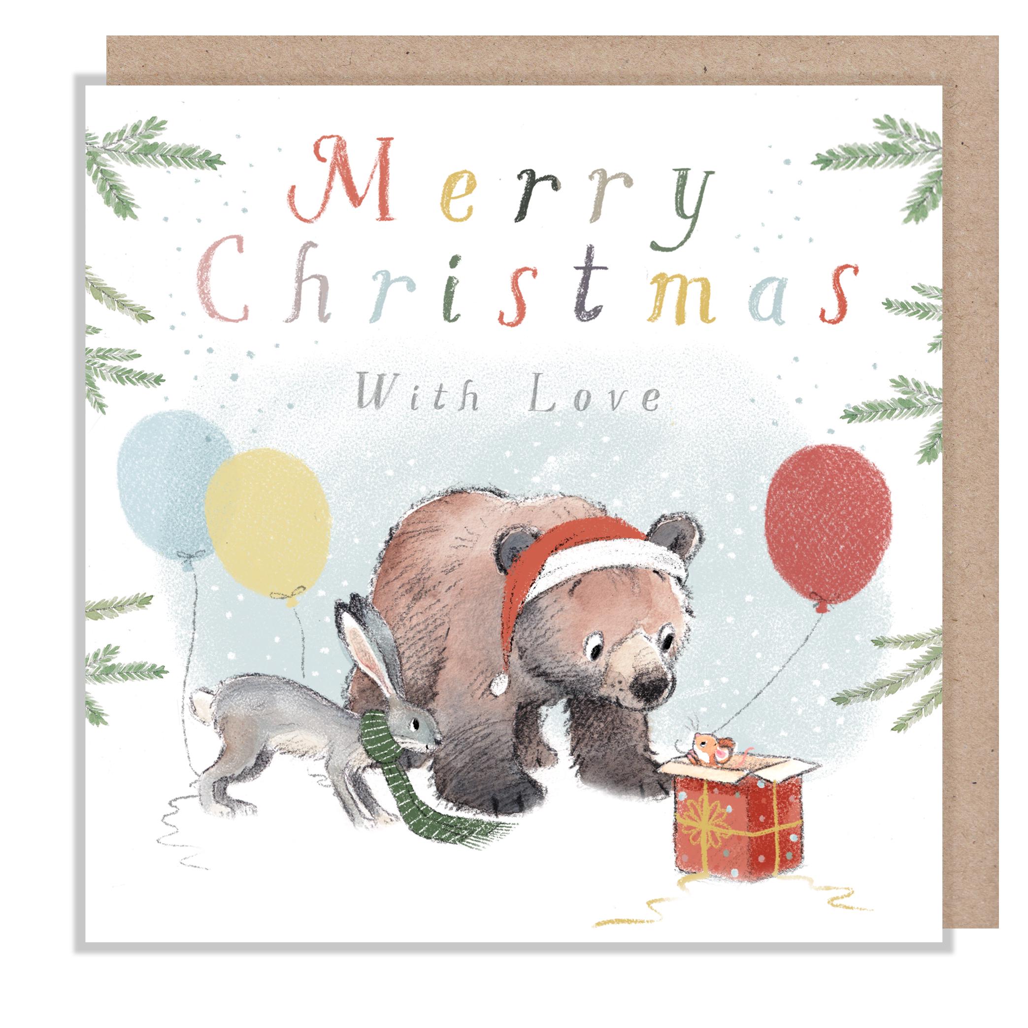 Merry Christmas Card - Bear and Hare with Mouse in Present and Balloon
