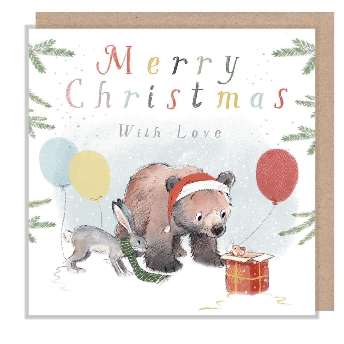 Merry Christmas Card - Bear and Hare with Mouse in Present and Balloon
