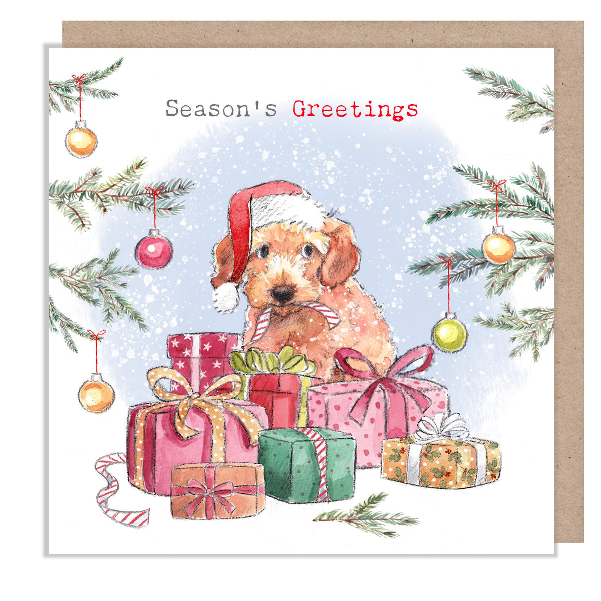Christmas Card -Season's Greetings - Cockapoo with Presents