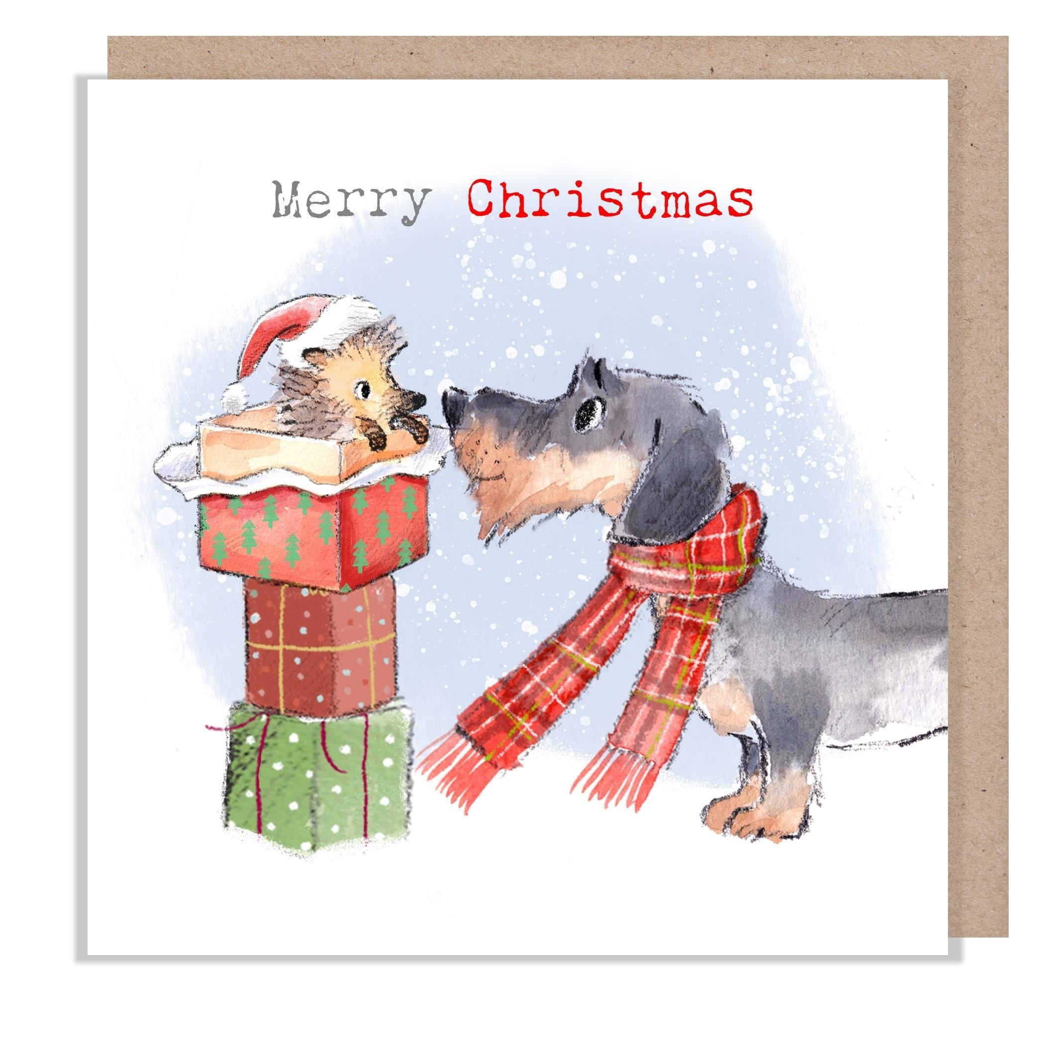 Merry Christmas Card - Dachshund with Hedgehog in Presents