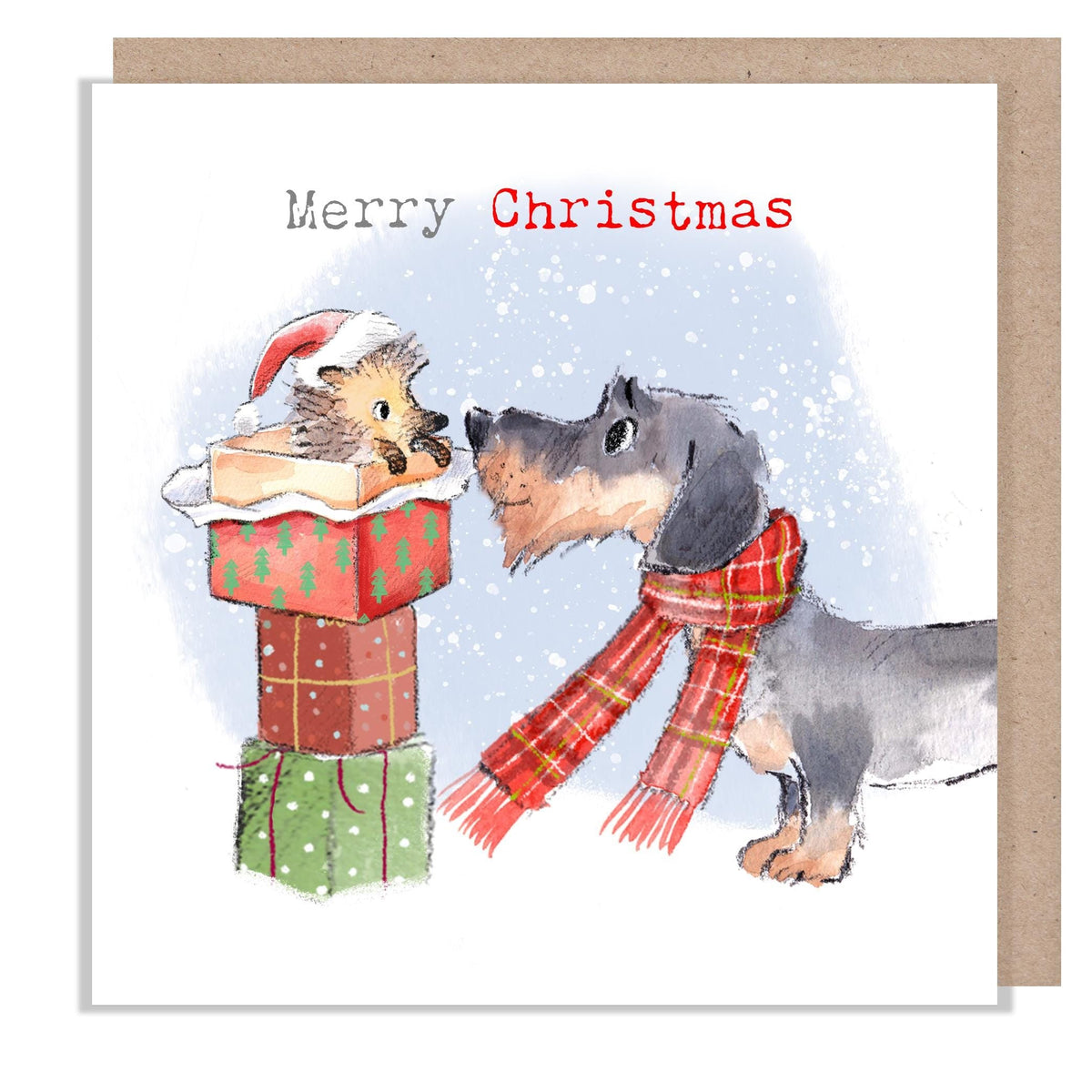 Merry Christmas Card - Dachshund with Hedgehog in Presents