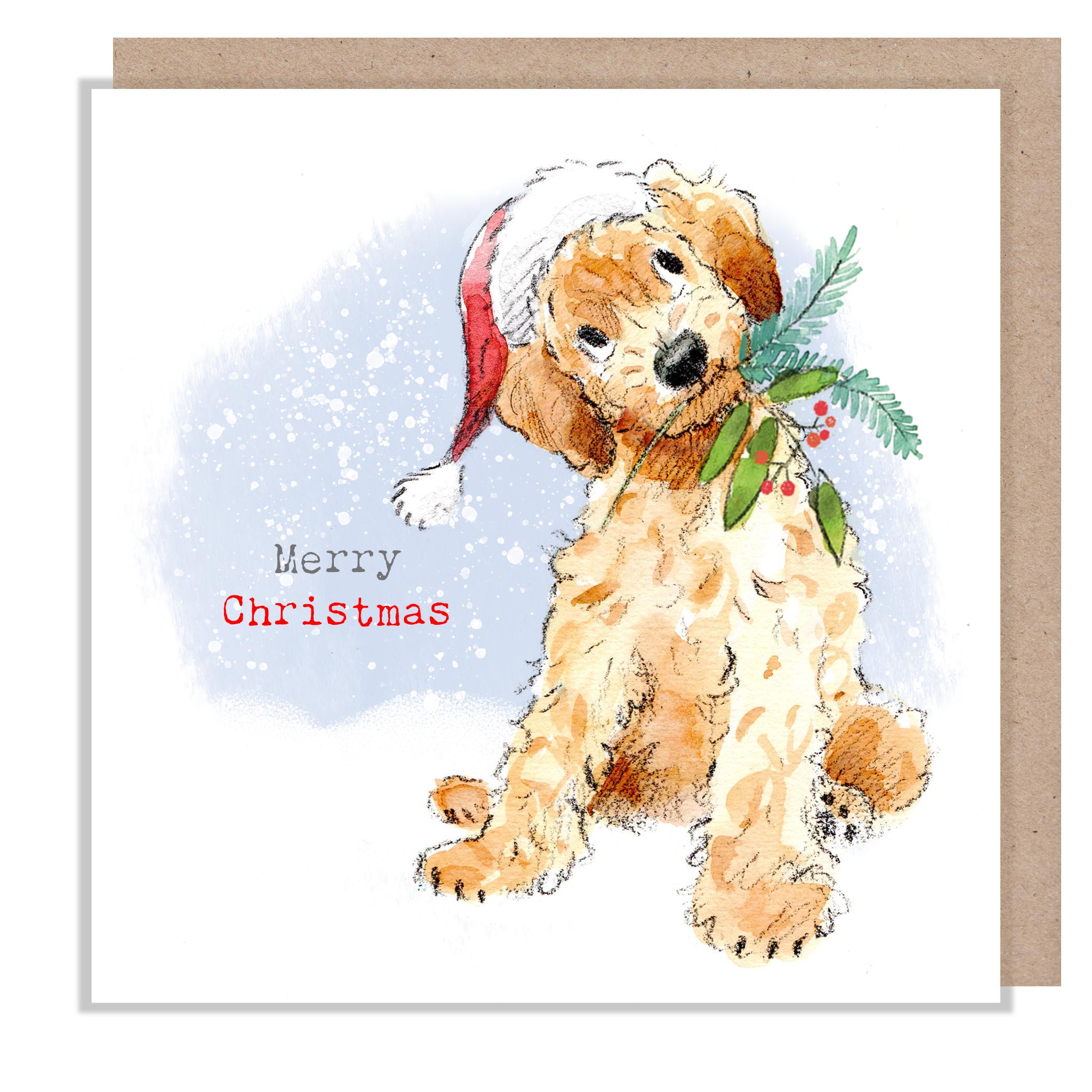 Merry Christmas Card - Cockapoo with Foliage