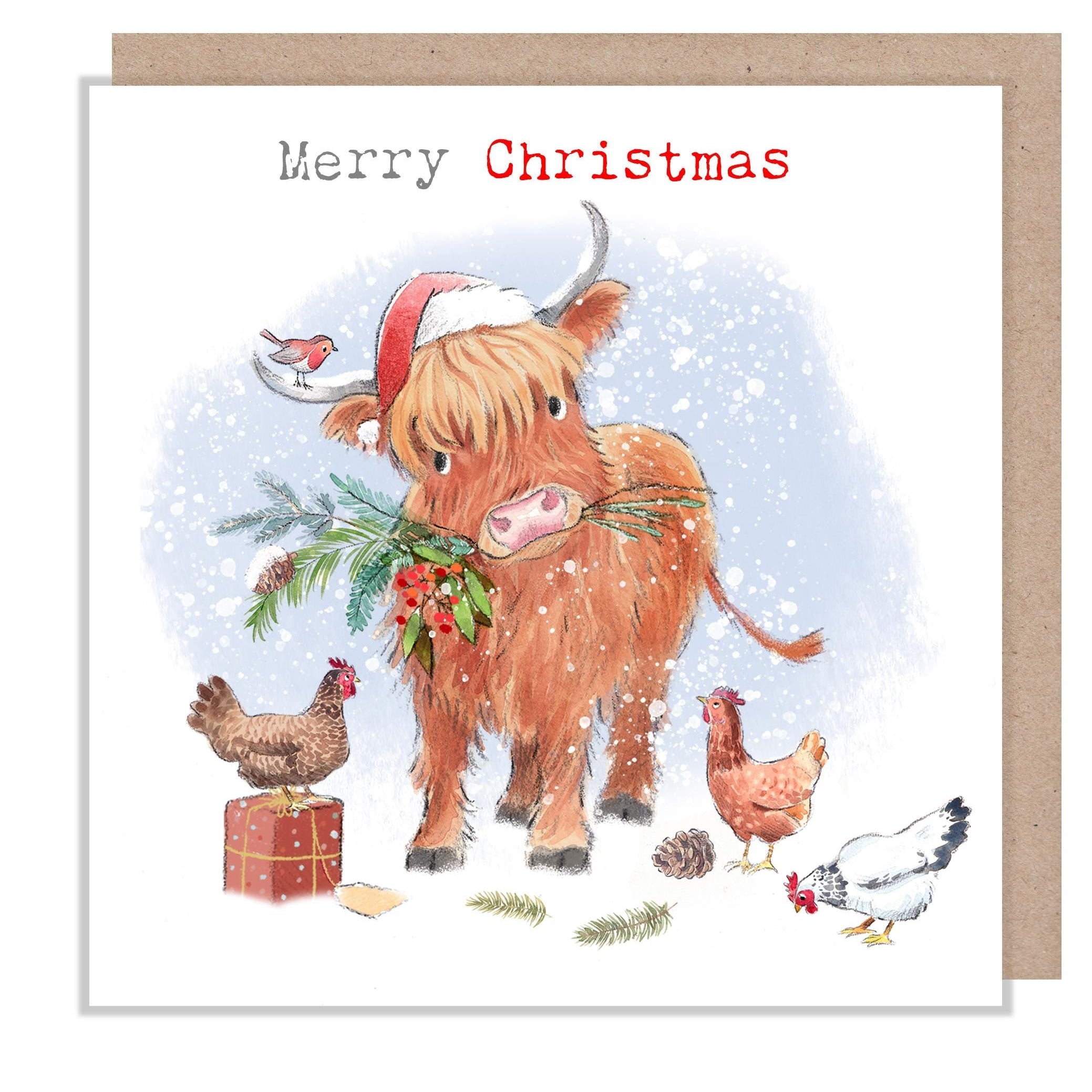 Merry Christmas Card - Highland Cow with Hens