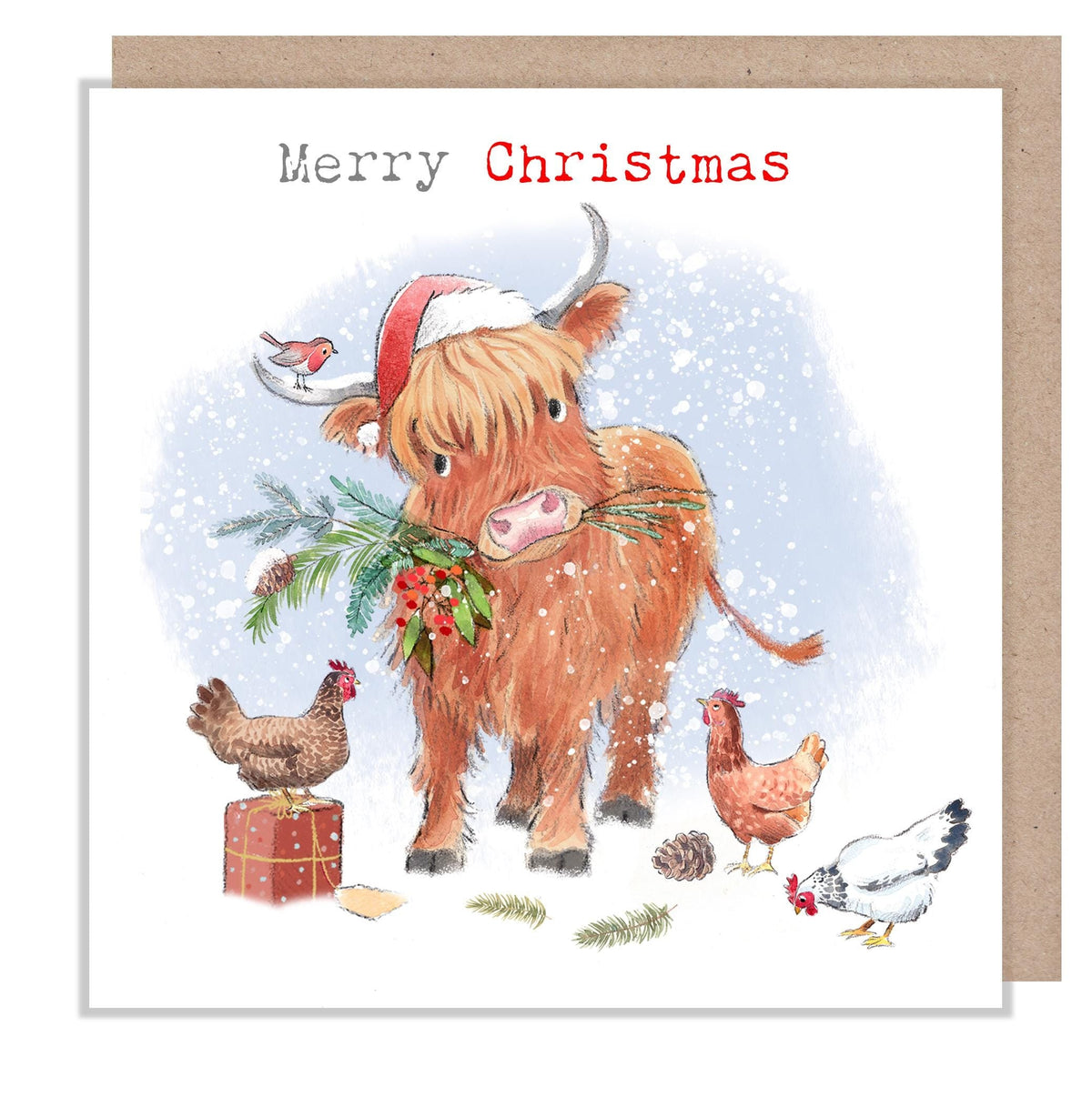 Merry Christmas Card - Highland Cow with Hens