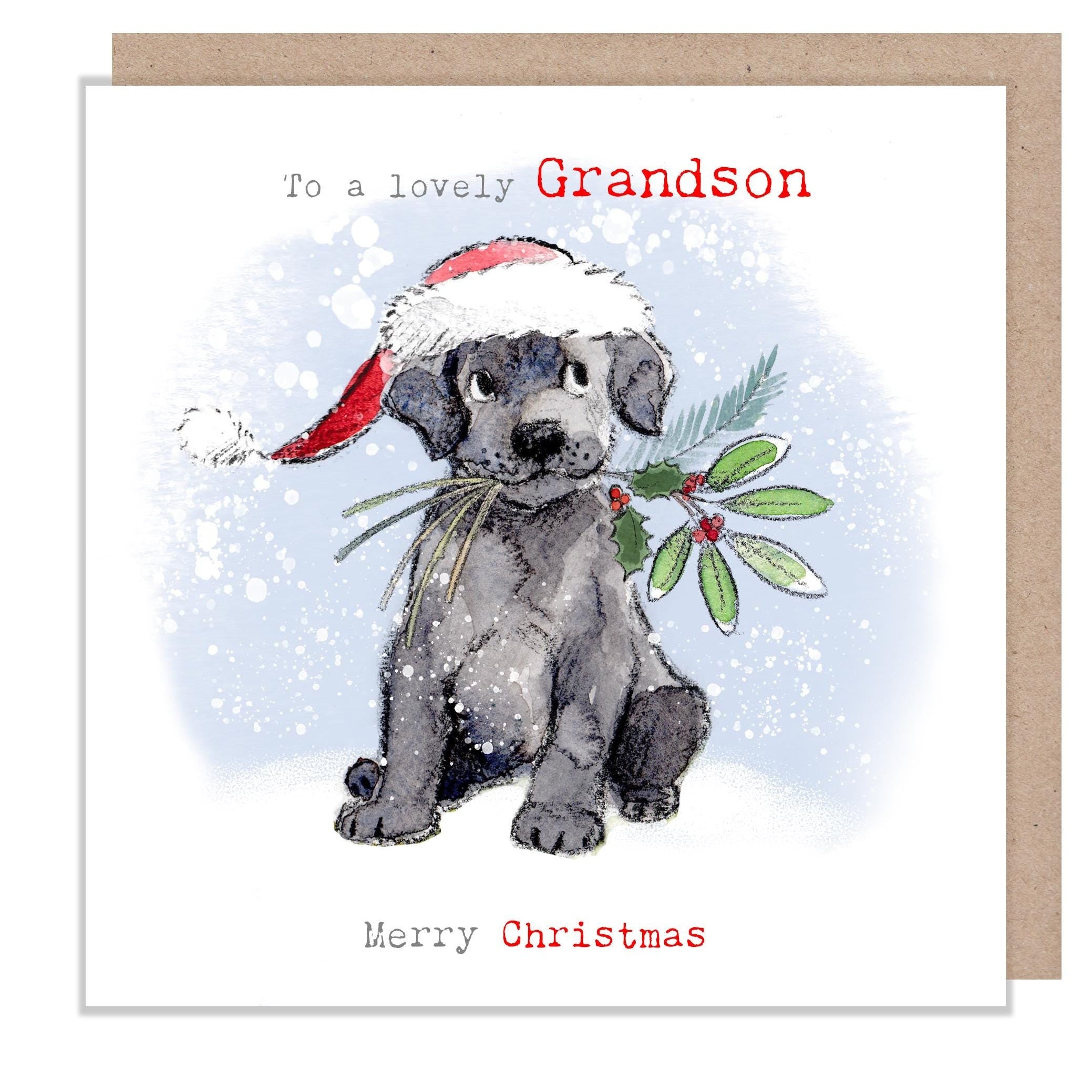 Grandson Christmas Card - Black Labrador with Foliage