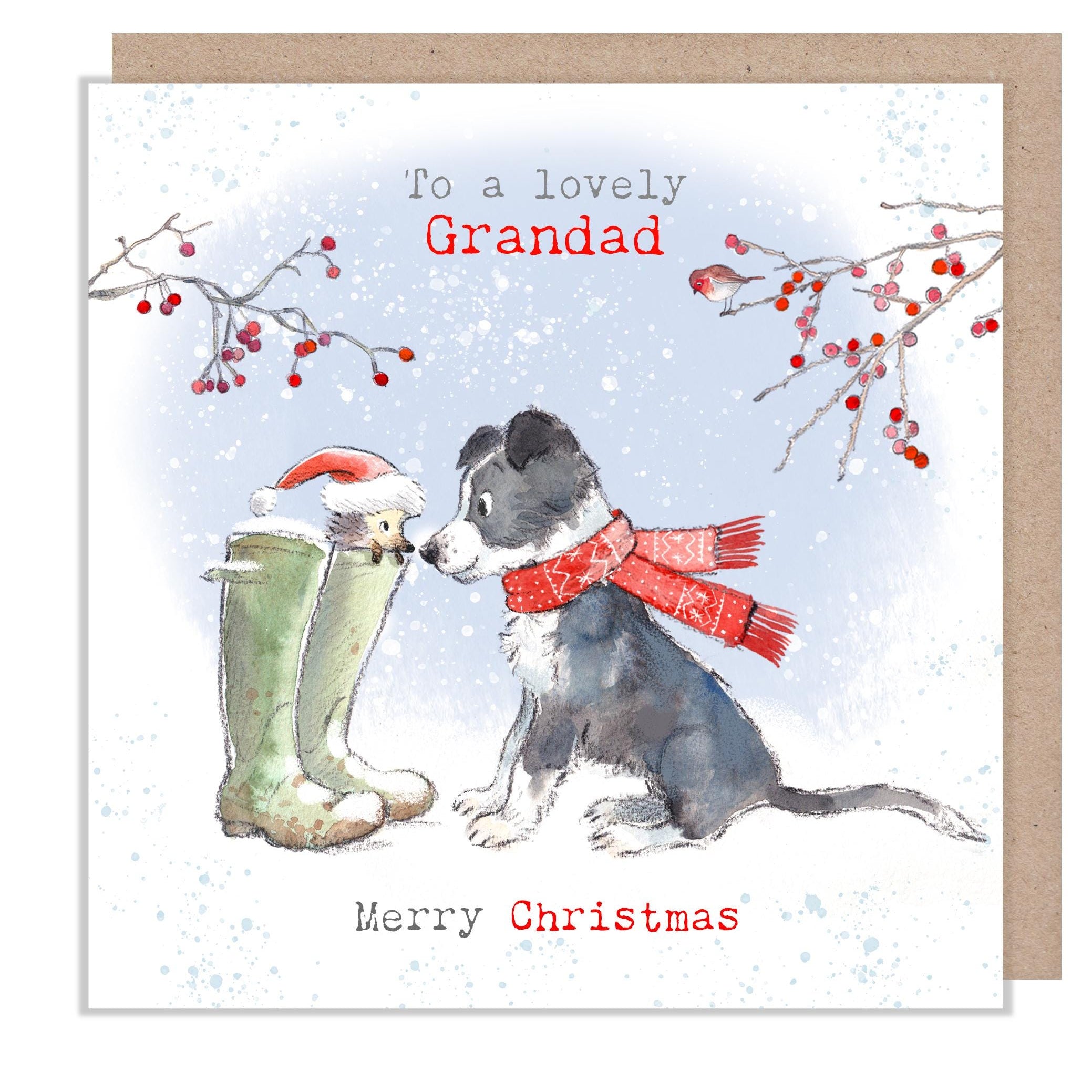 Grandad Christmas Card - Collie and Hedgehog in Wellie Boots