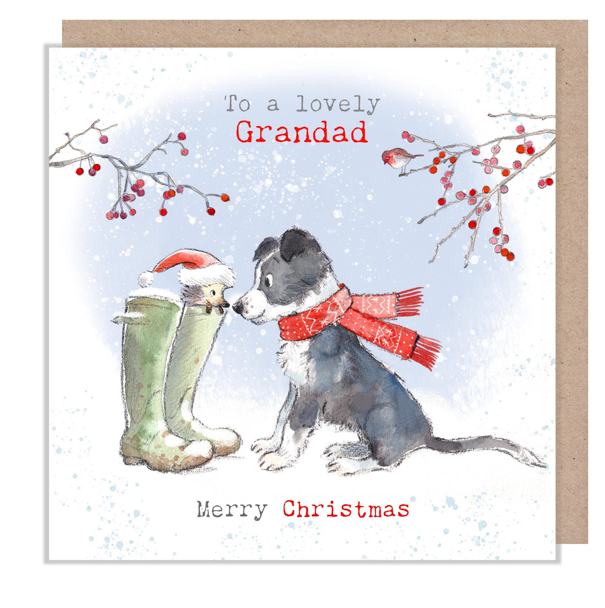 Grandad Christmas Card - Collie and Hedgehog in Wellie Boots