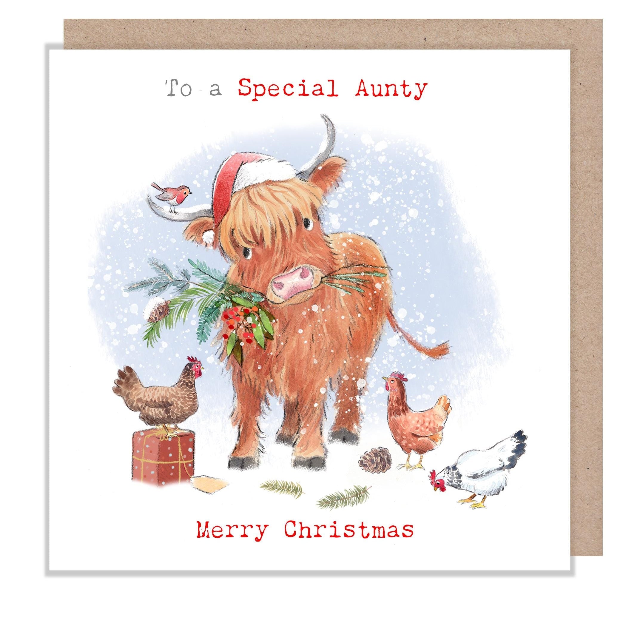 Special Aunty Christmas Card - Highland Cow with Hens