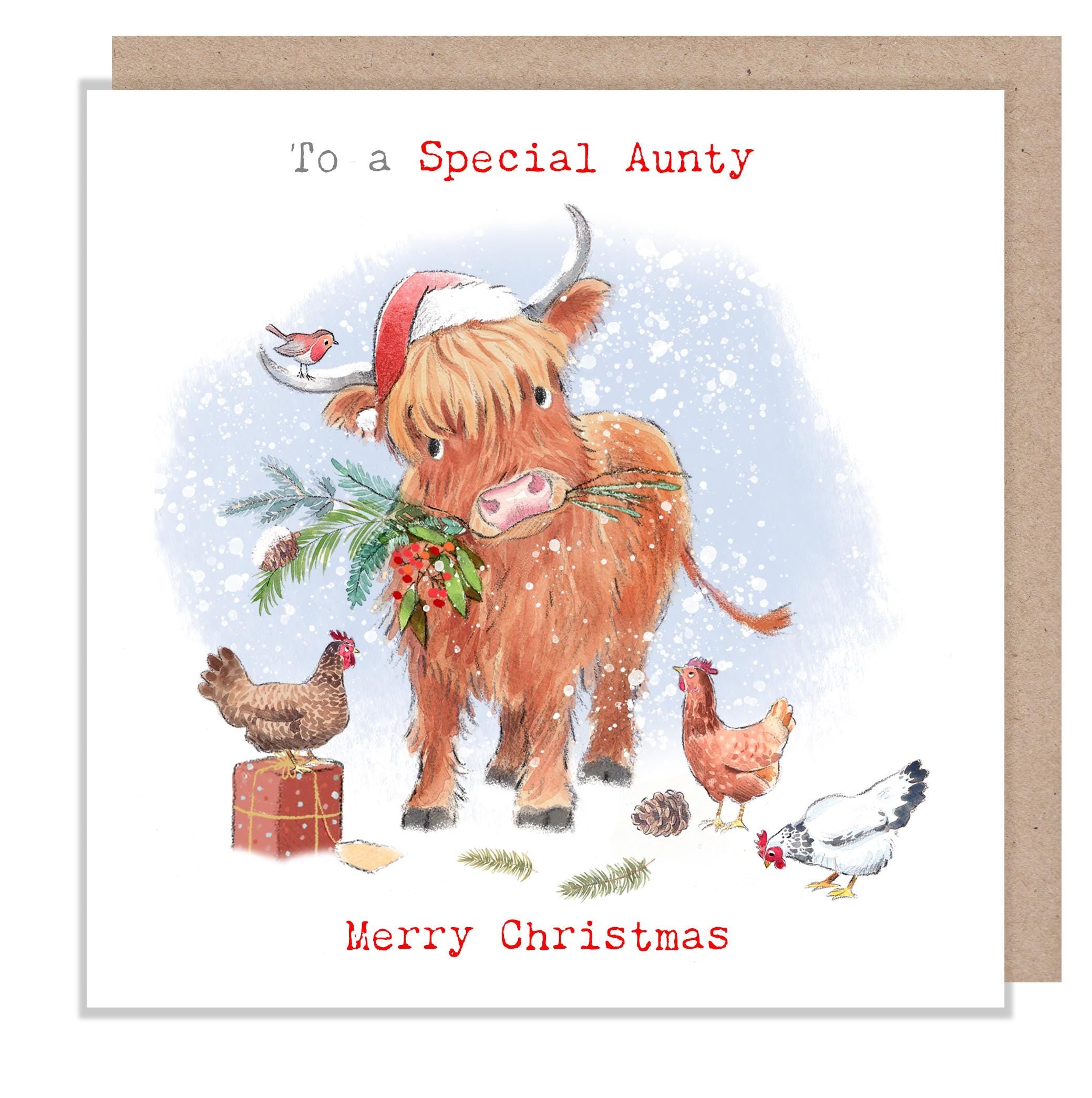 Special Aunty Christmas Card - Highland Cow with Hens