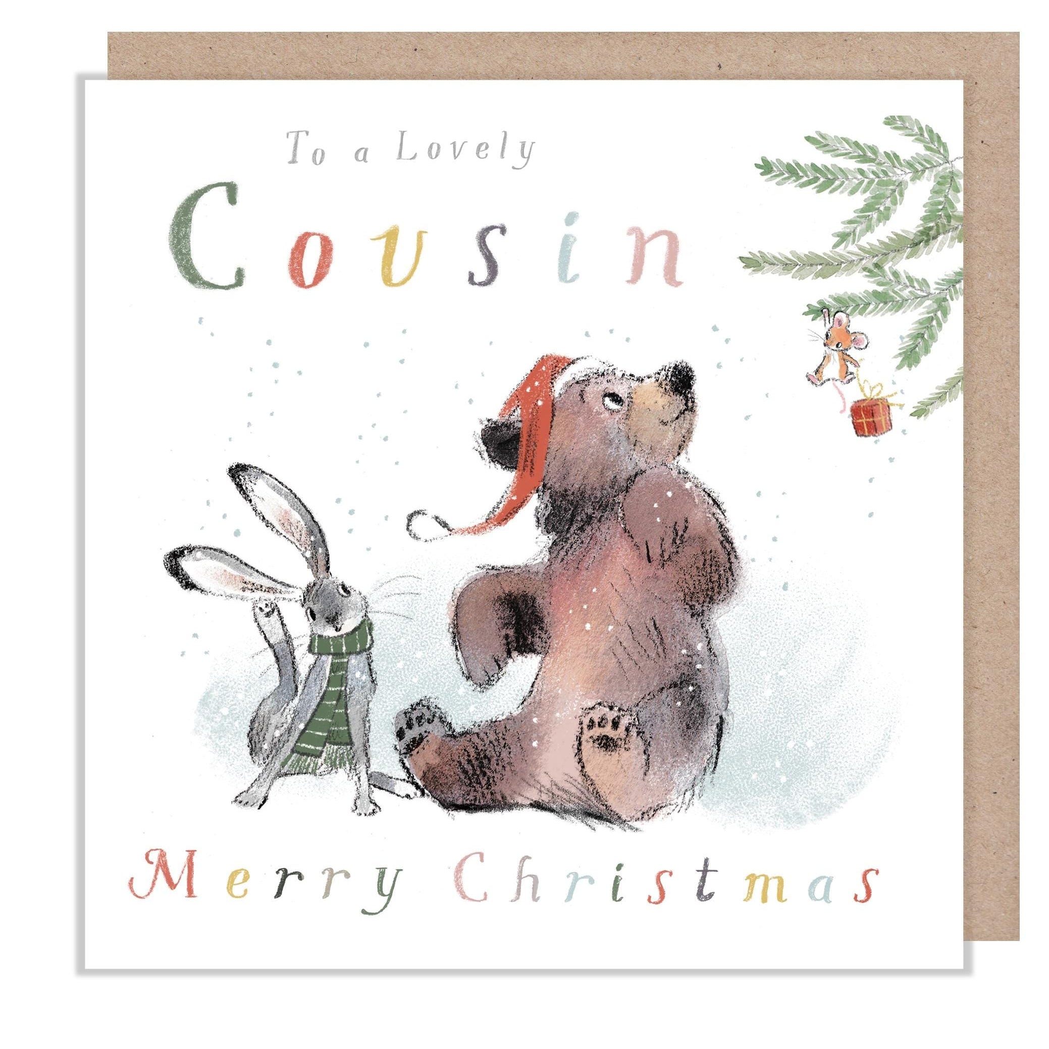 Cousin Christmas Card - Bear and Hare Looking at Mouse
