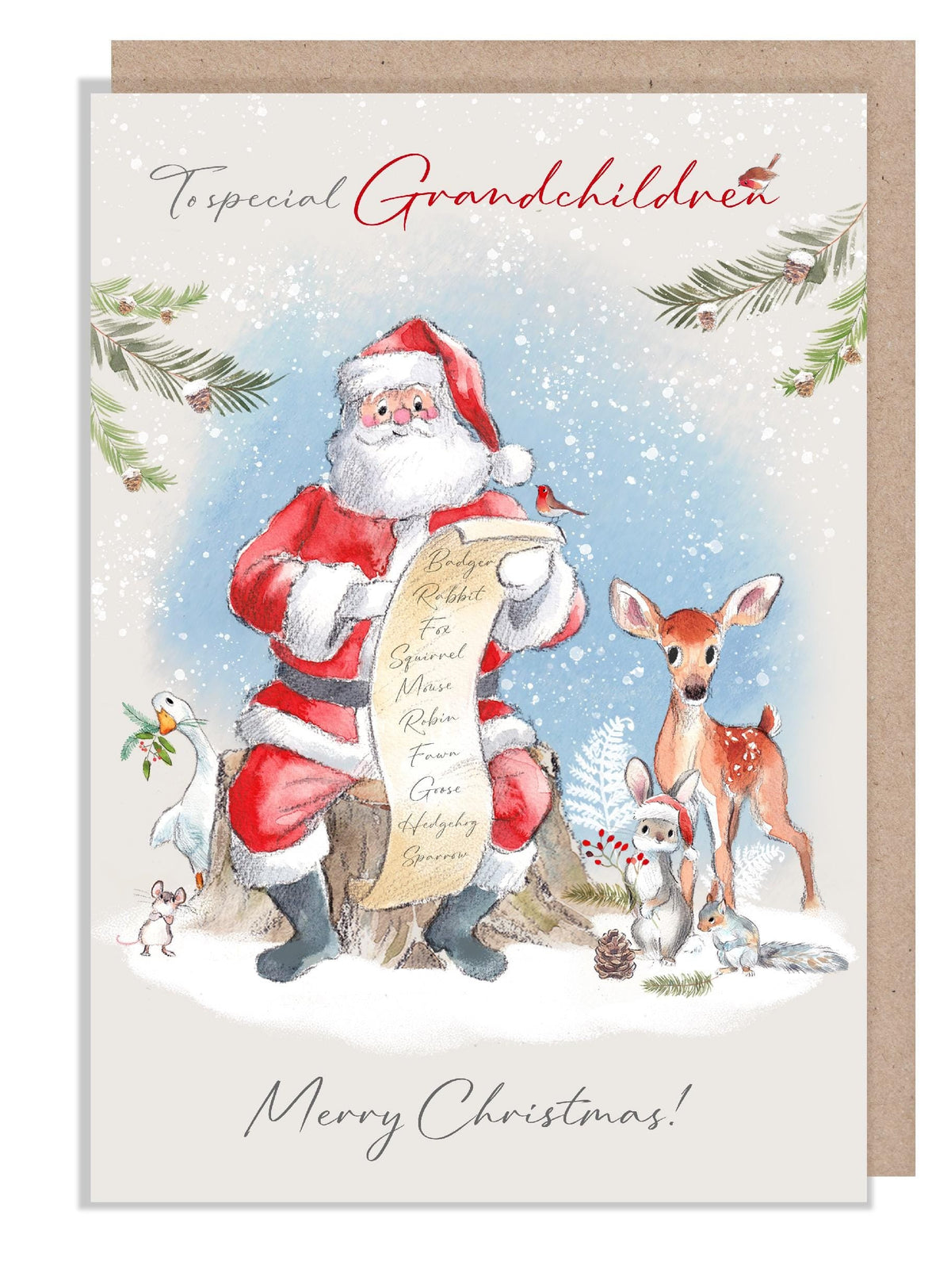 Grandchildren Christmas Card - Santa with Animals and List