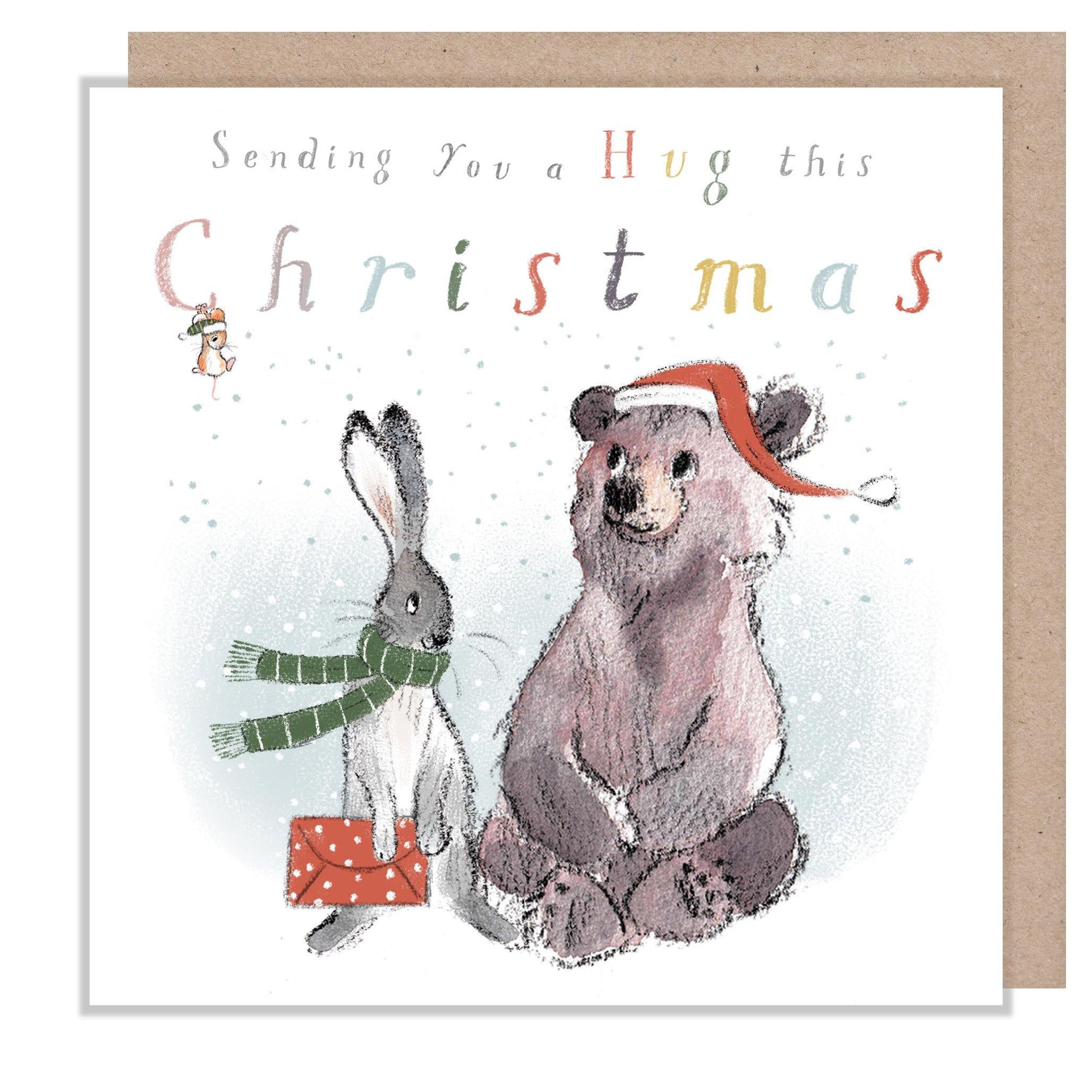 Sending You a Hug Christmas Card - Bear, Hare and Mouse