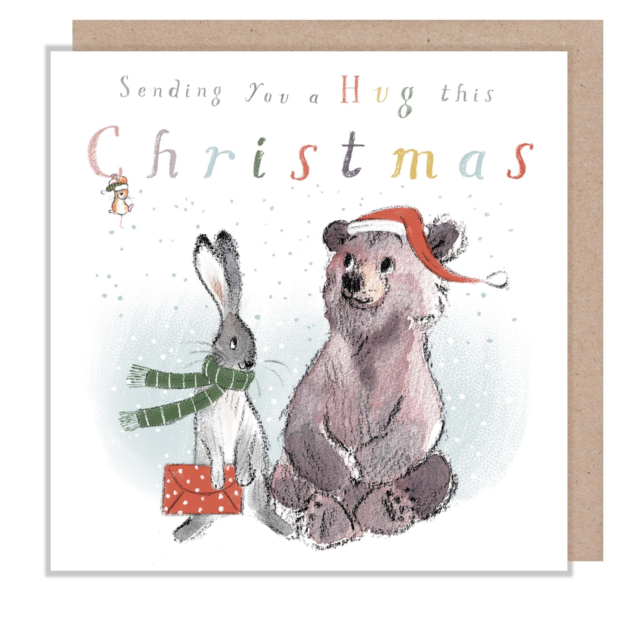 Sending You a Hug Christmas Card - Bear, Hare and Mouse