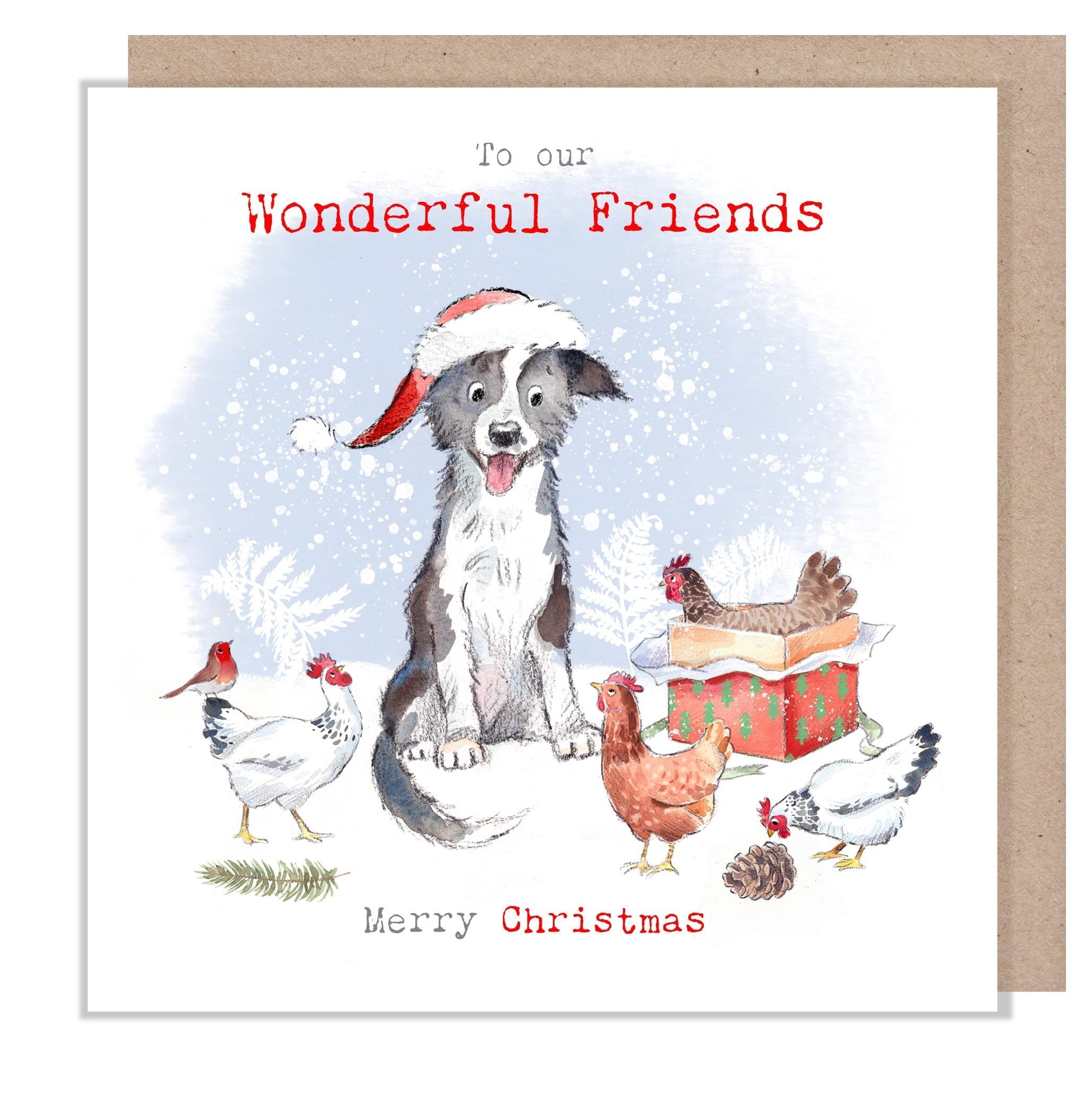 Wonderful Friends Christmas Card - Collie Puppy with Hens