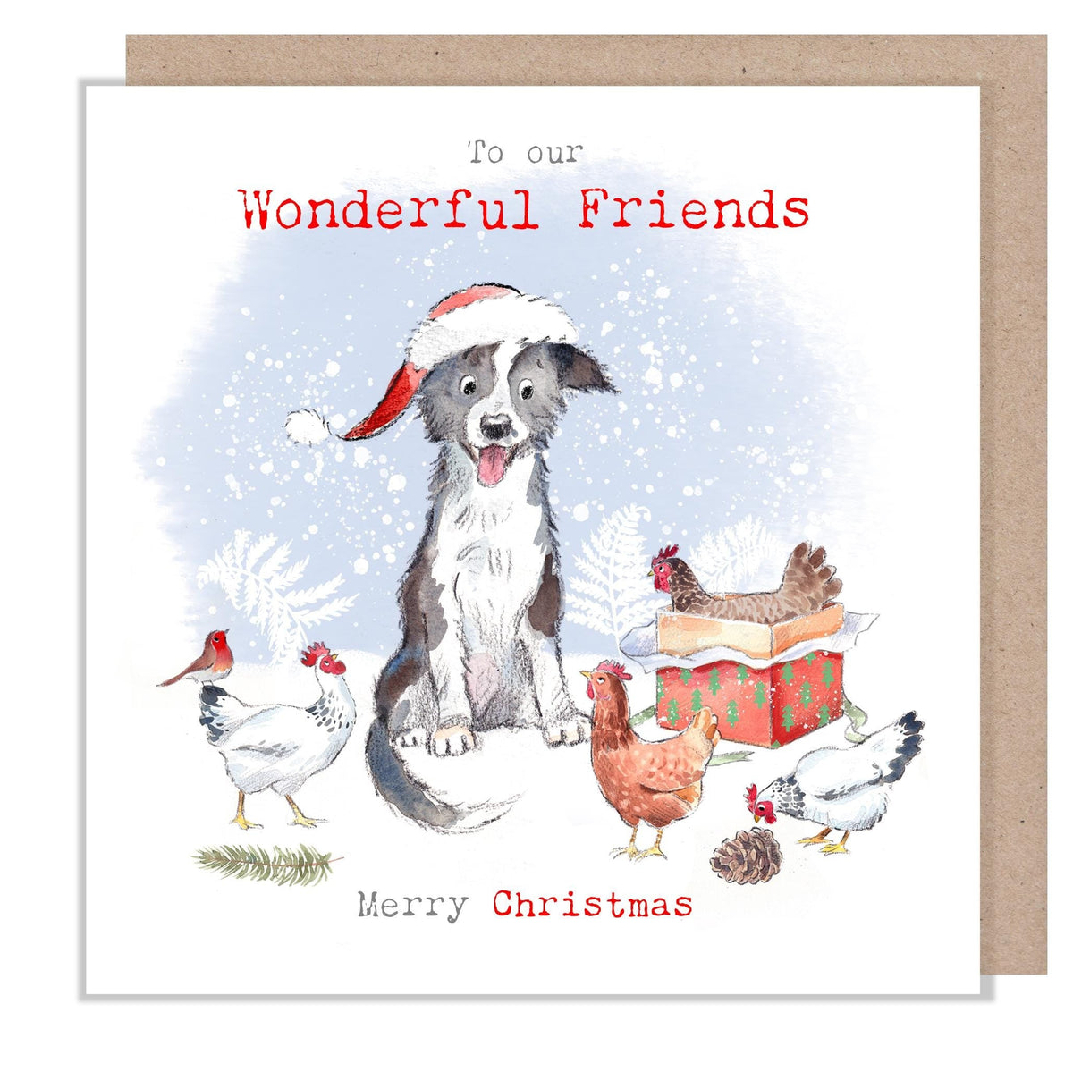 Wonderful Friends Christmas Card - Collie Puppy with Hens