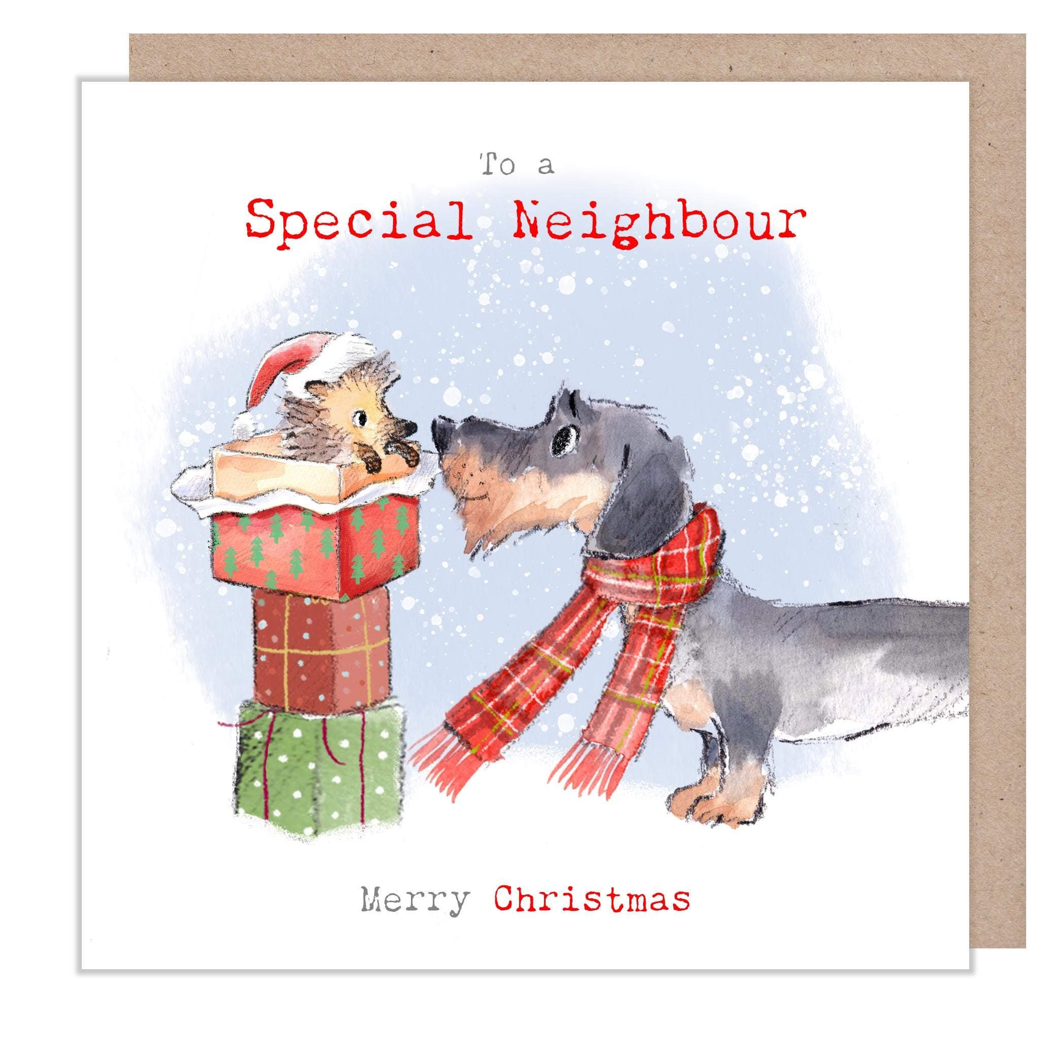 Special Neighbour Christmas Card - Dachshund with Hedgehog