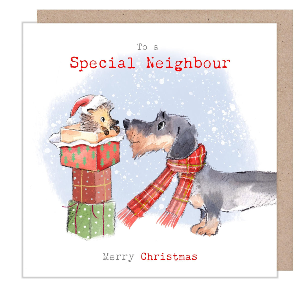 Special Neighbour Christmas Card - Dachshund with Hedgehog