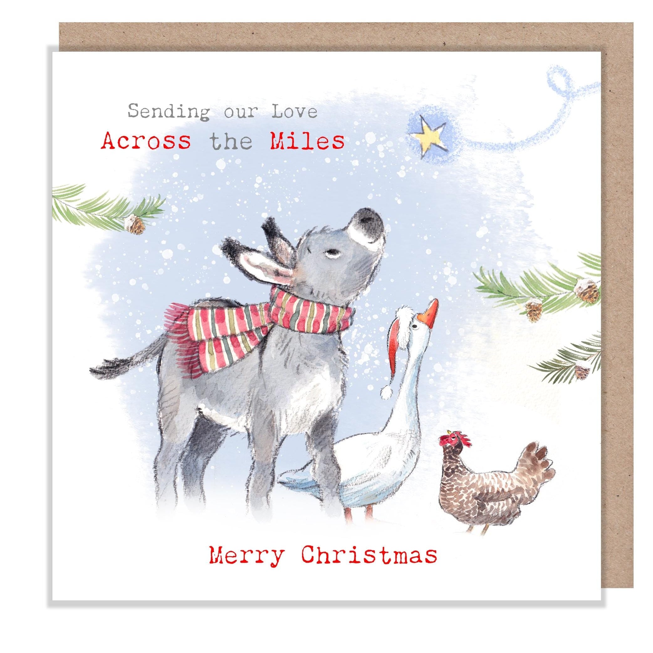 Across the Miles Christmas Card - Donkey, Goose and Hen with Shooting Star