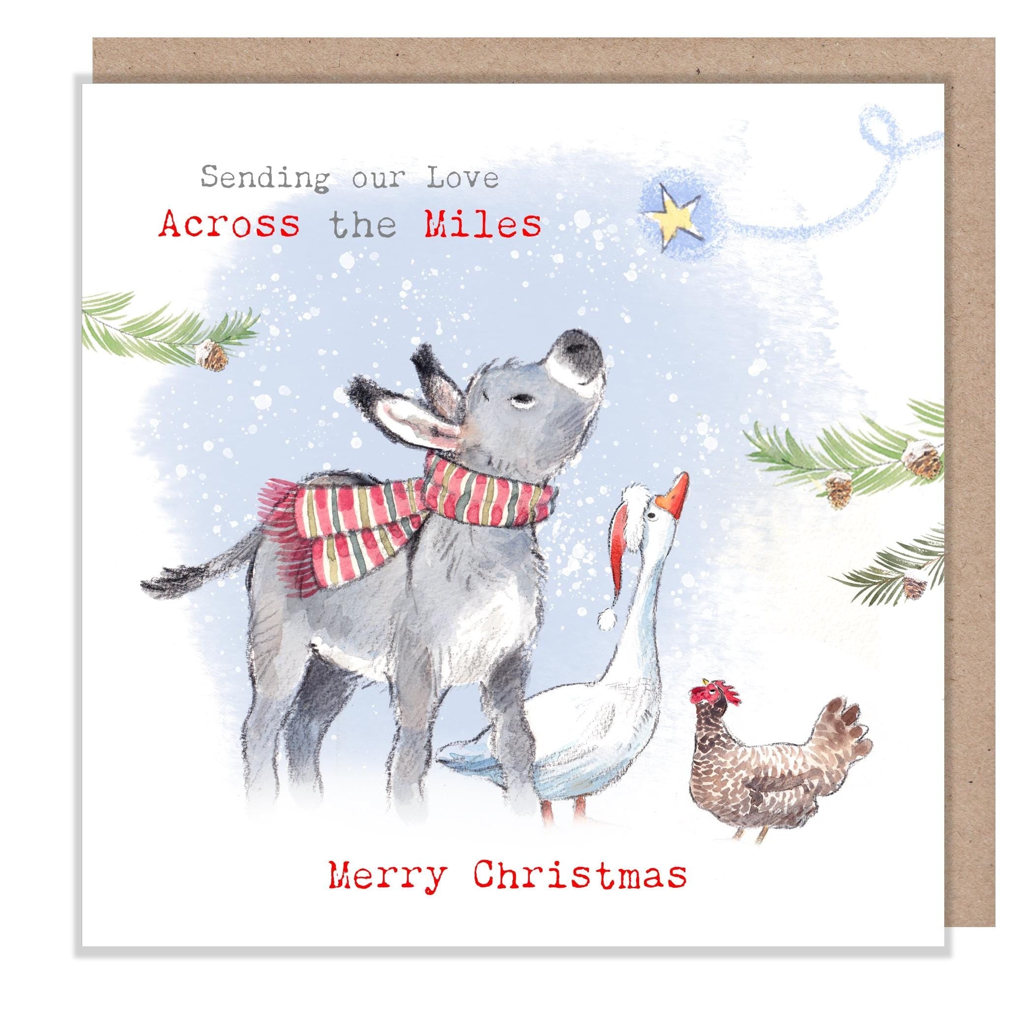 Across the Miles Christmas Card - Donkey, Goose and Hen with Shooting Star