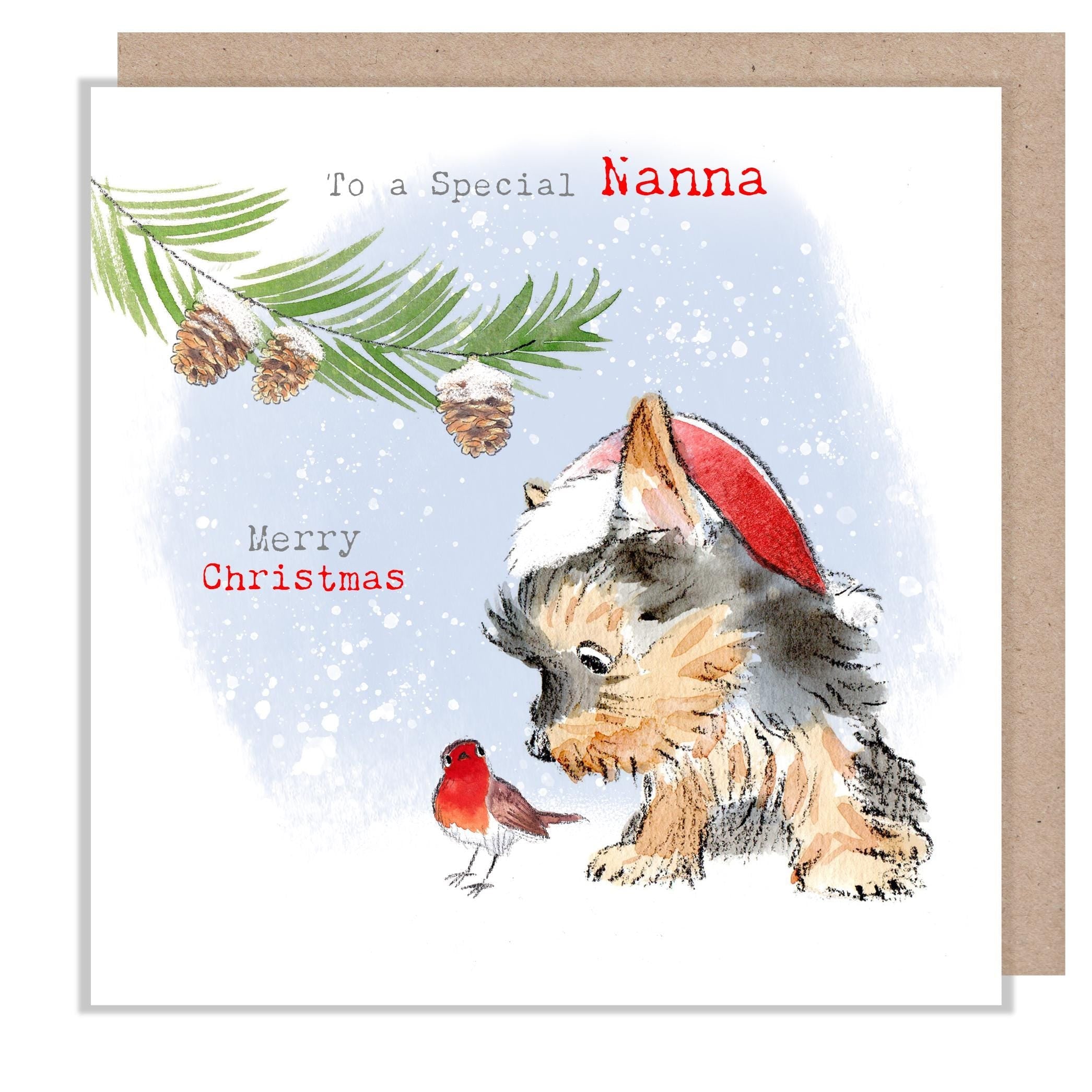Nanna Christmas Card - Yorkie Puppy with Robin