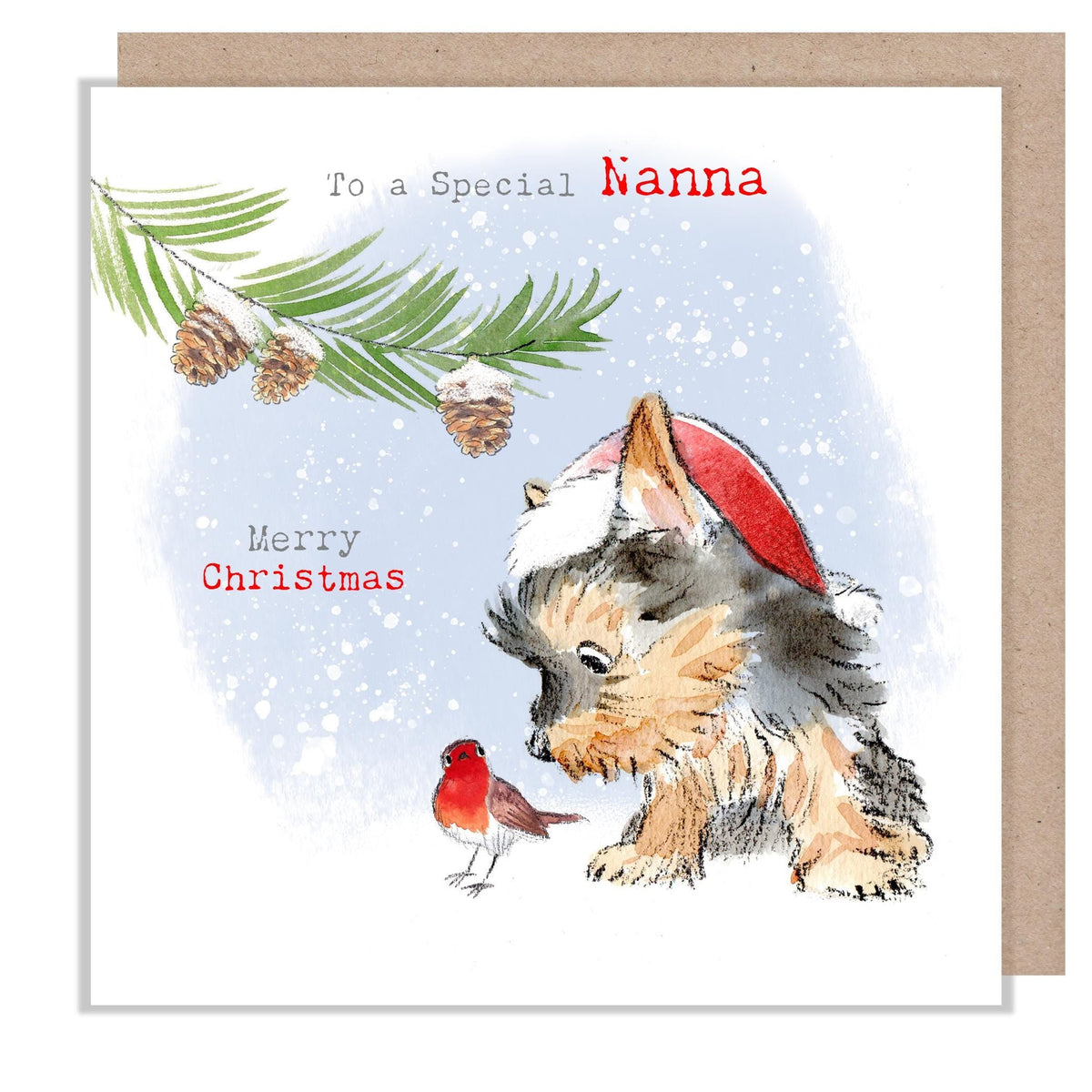 Nanna Christmas Card - Yorkie Puppy with Robin