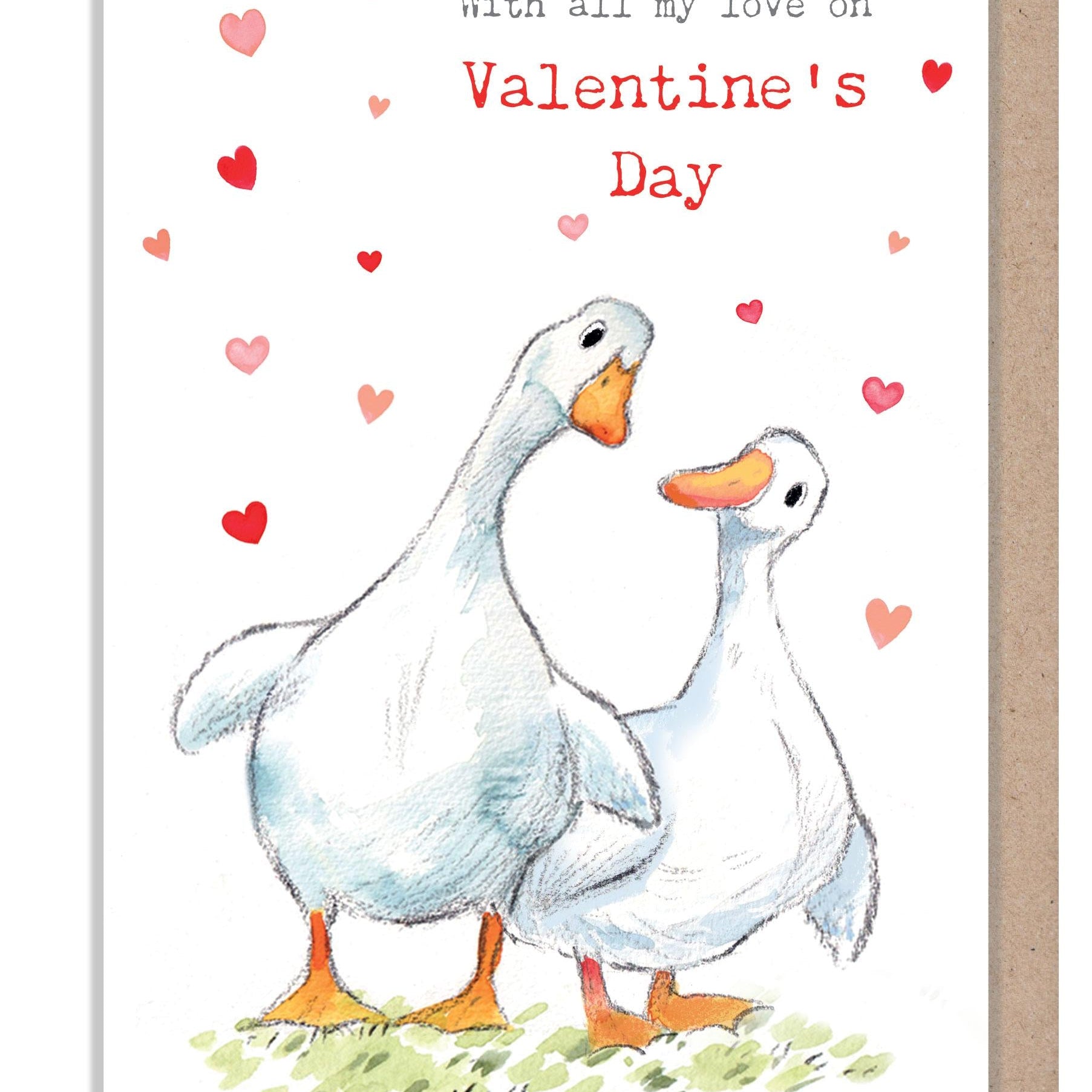 Valentine's Day Card - All My Love - 2 White Ducks with Hearts