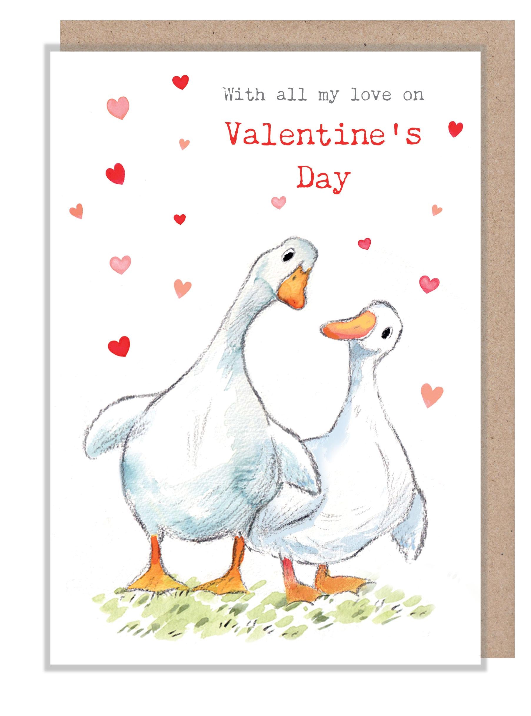 Valentine's Day Card - All My Love - 2 White Ducks with Hearts